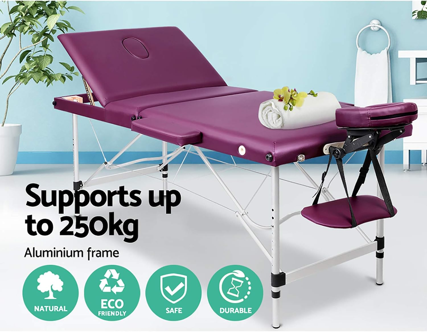 Zenses Massage Table Violet 75Cm Portable Aluminium, Massages Therapy Bed Headrest Chairs, Folding 3 Fold Beauty Spa Waxing Bounes Cover Covers Carry Bag image number 1