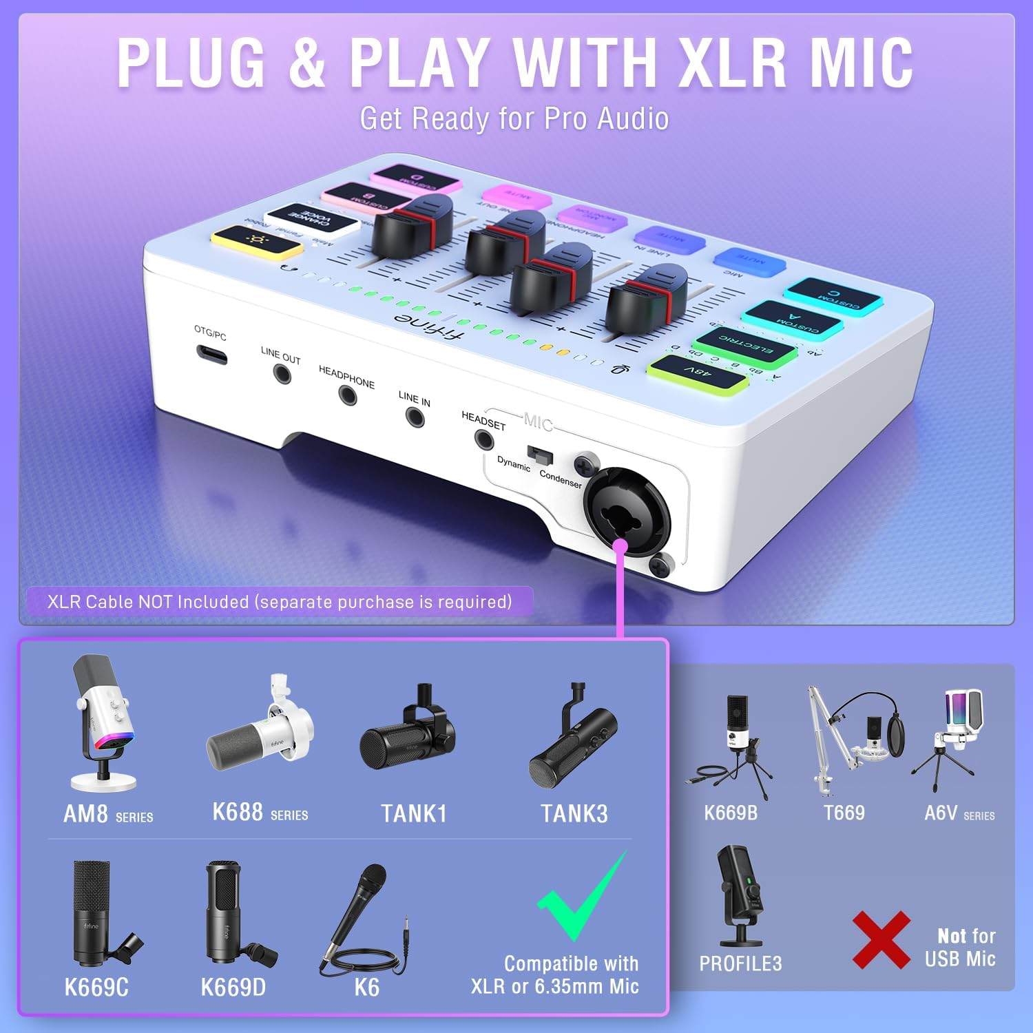FIFINE Audio Mixer, Gaming Streaming PC Mixer with Slider Fader, XLR Microphone Interface, Monitoring, for Video/Game Voice/Podcast Recording-Ampligame SC3W