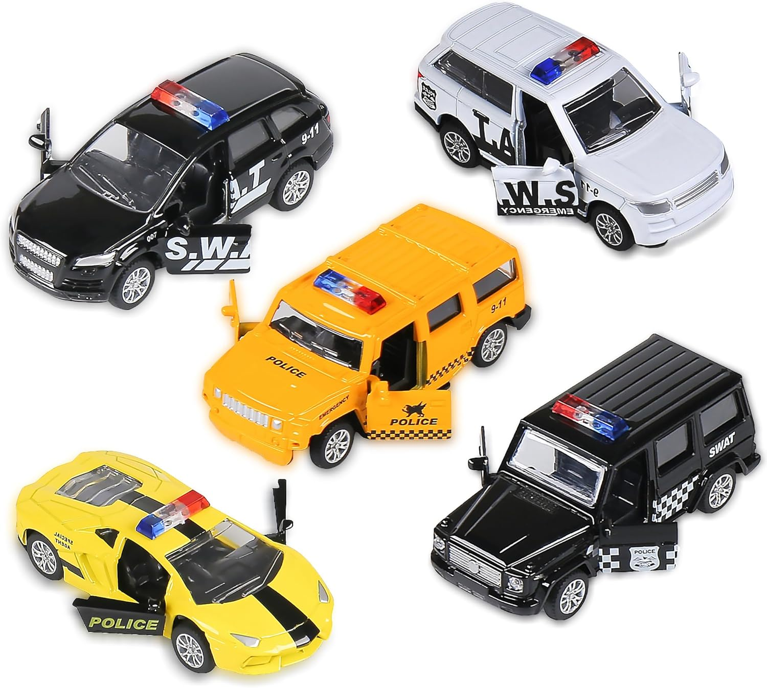 KIDAMI Die Cast Metal Toy Cars Set of 5, Openable Doors Pull Back Car Gift Pack for Kids (Police Car) image number 6