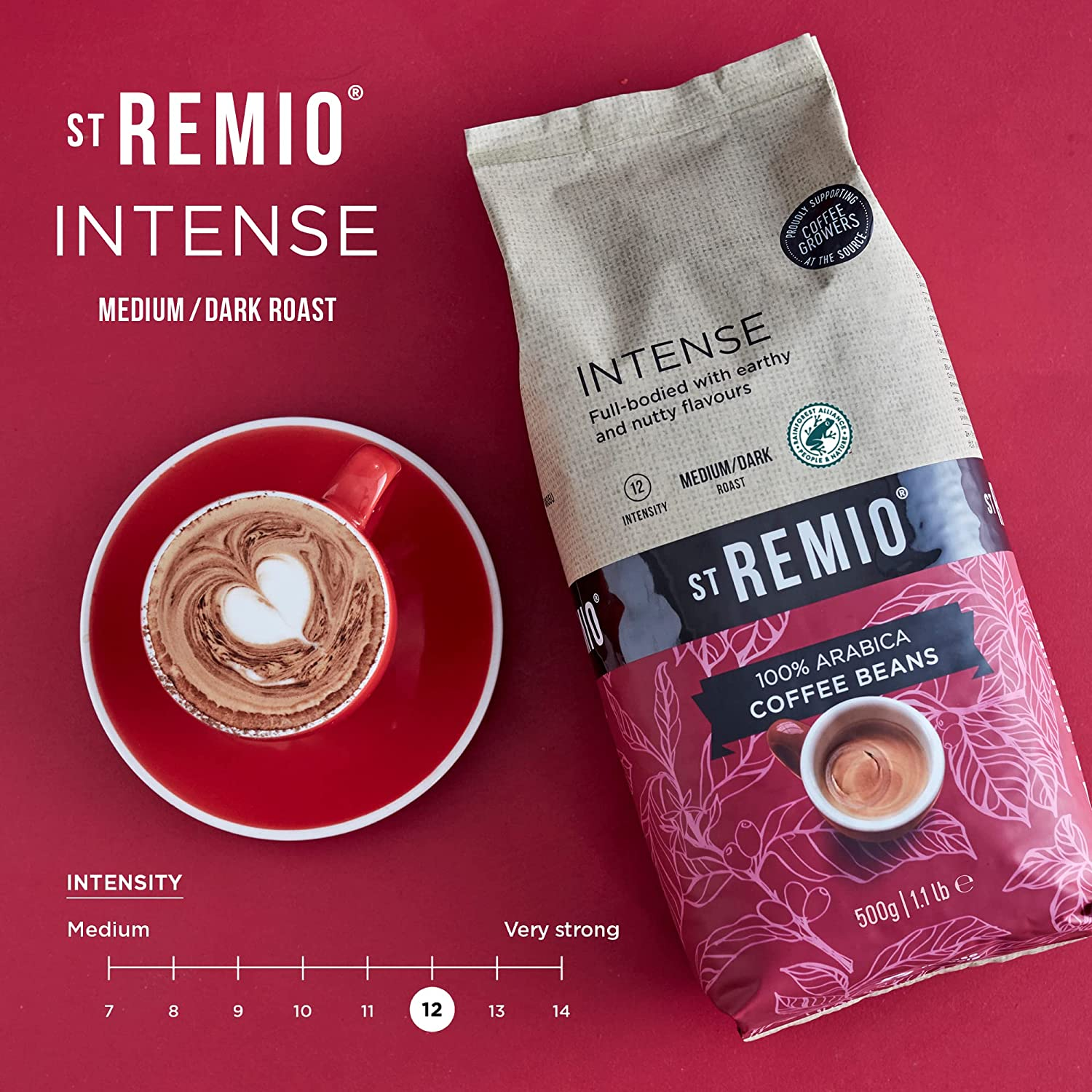 St Remio Intense Coffee Beans 500G. Medium Dark Roasted Bean. Arabica Strong Coffee Beans for Long Black, Latte, Cappuccino, Espresso Coffee Machines. Rainforest Alliance Certified Roasted Coffee image number 1