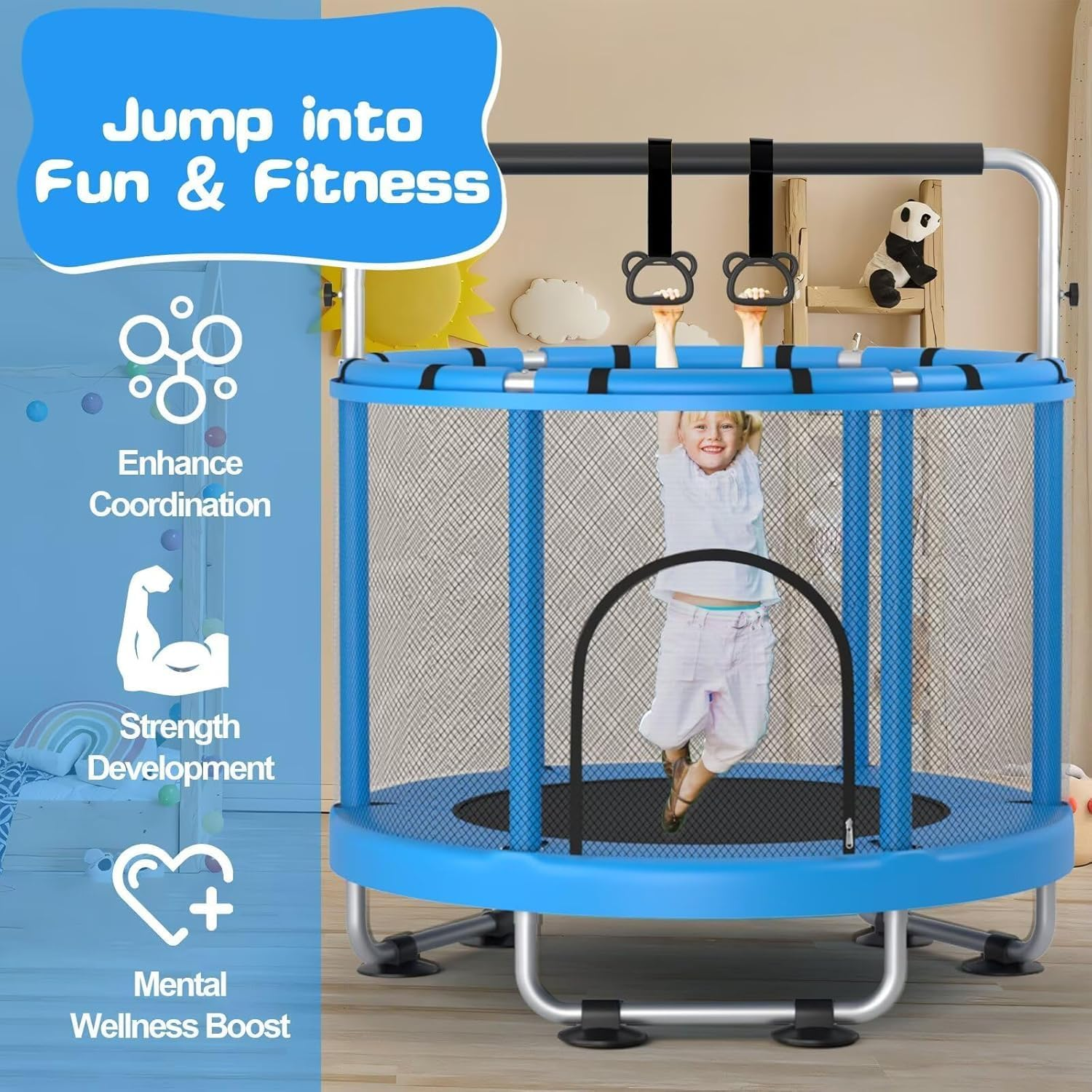 60" Trampoline for Kids with Enclosure, 440Lbs Capacity Indoor & Outdoor Toddler Trampoline with Adjustable Gymnastics Bar & Toys, for Boys & Girls (Blue) image number 1