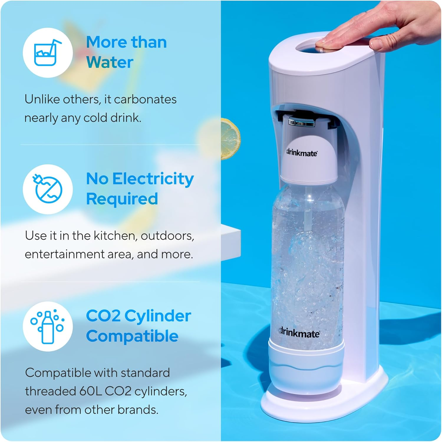 Drinkmate Omnifizz Sparkling Water and Soda Maker, Carbonates Any Drink without Diluting It, CO2 Cylinder Not Included (Classic White) image number 3