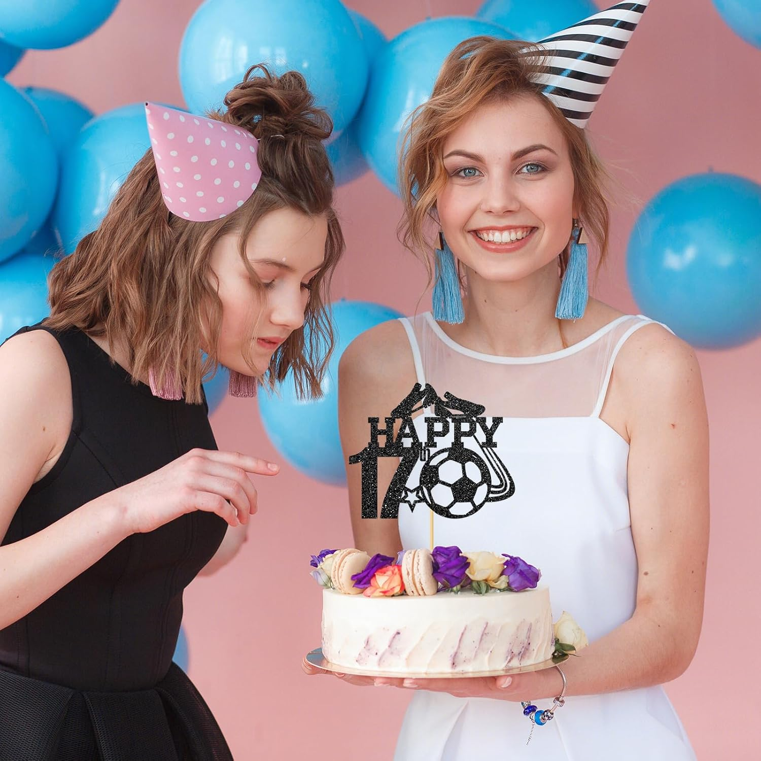 Monmon & Craft Soccer 17Th Birthday Cake Topper/Sport Theme Soccer Ball Cake Docer/Soccer Player Boy 17Th Birthday Party Decorations - Black Glitter image number 5