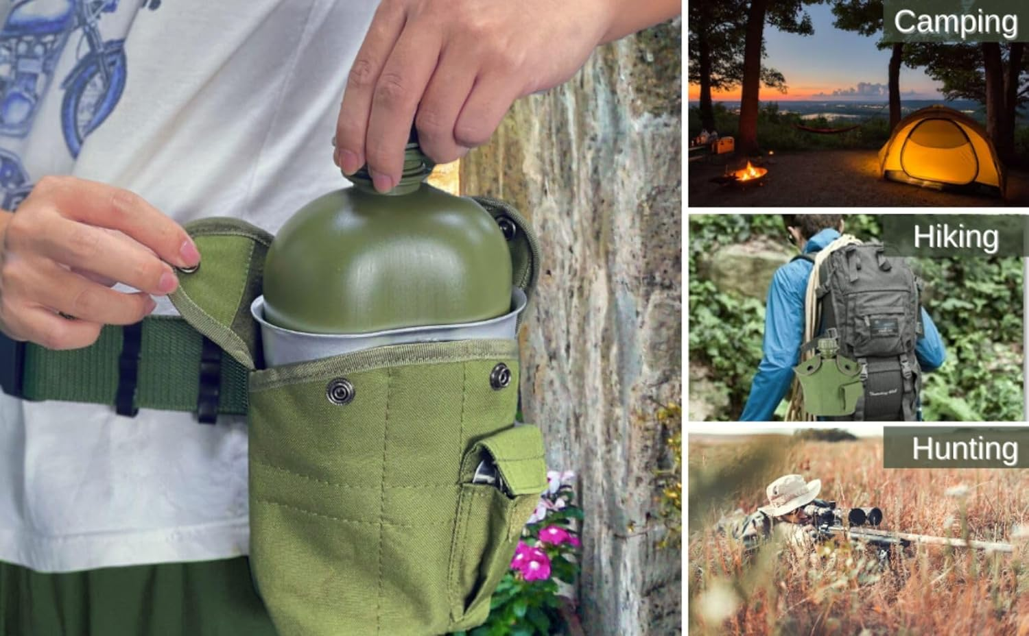 Begrit Military Canteen Army Canteen WWII Canteen Kit with Aluminum Cup Stainless Steel Foldable Spoon Fork for Hiking Backpacking Camping, 1 Quart image number 3