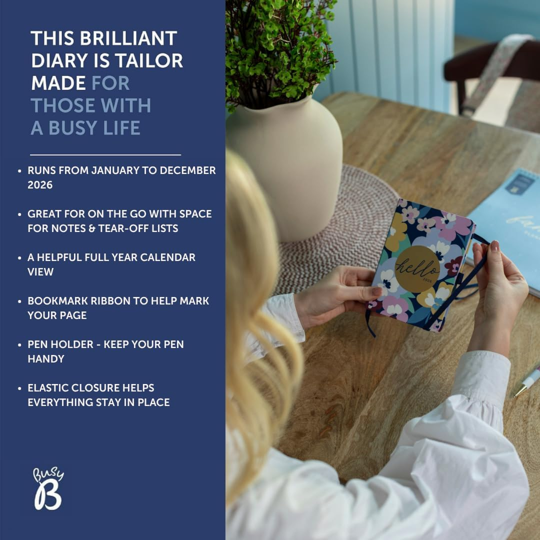 Busy B - A6 Weekly Planner 2026 - Appointment Calendar with To-Do Lists & Note Pages - Compact Diary with Colourful Floral Pattern - Week to View, 3 Pockets & Year Planner