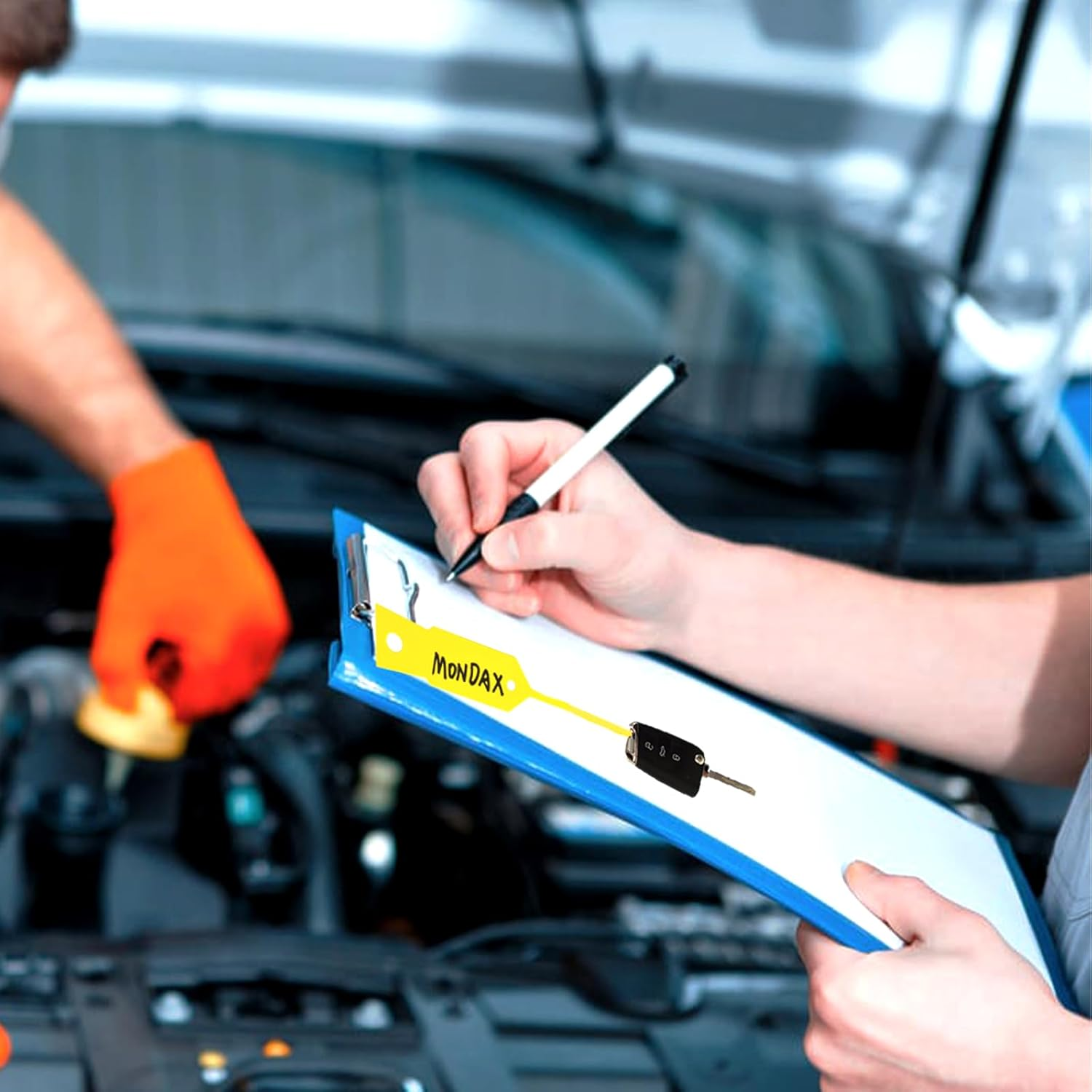 N.Gracia 1000 Pieces Self Locking Arrow Key Tags Car Key Labels Self Lock Key Identifierscar Parts Tags with 2Pcs Oil-Based Black Pens for Office Automotive Shop Supplies, 4 1/2" X 3/4" (Yellow) image number 5