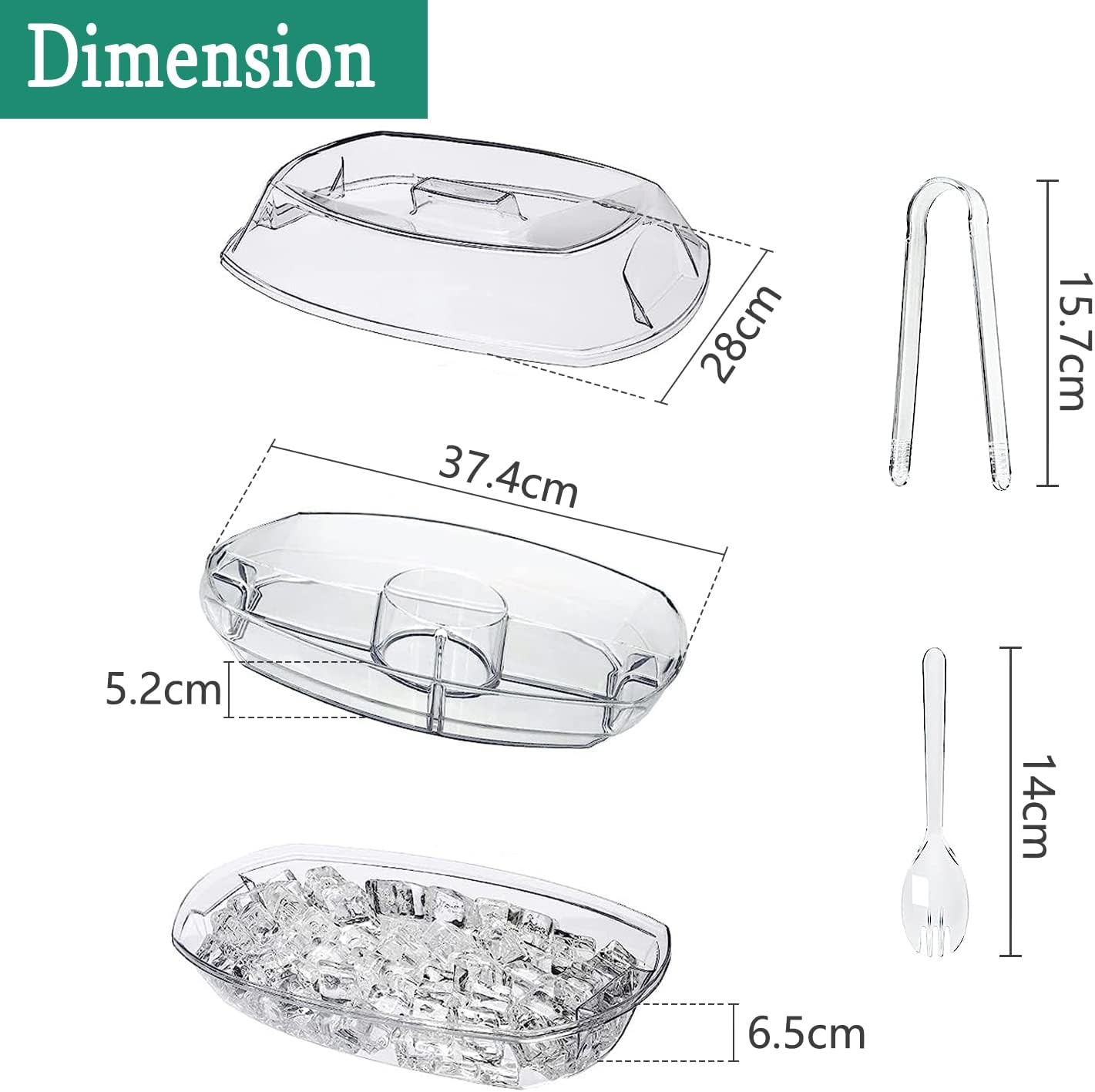 Divided Serving Tray with Lid, Large Serving Platter on Ice Serving Trays for Party with 3 Compartments and Dipping Bowl, Veggie, Fruit, Cheese, Salad, Sushi, Appetizer Trays for Serving Food image number 2