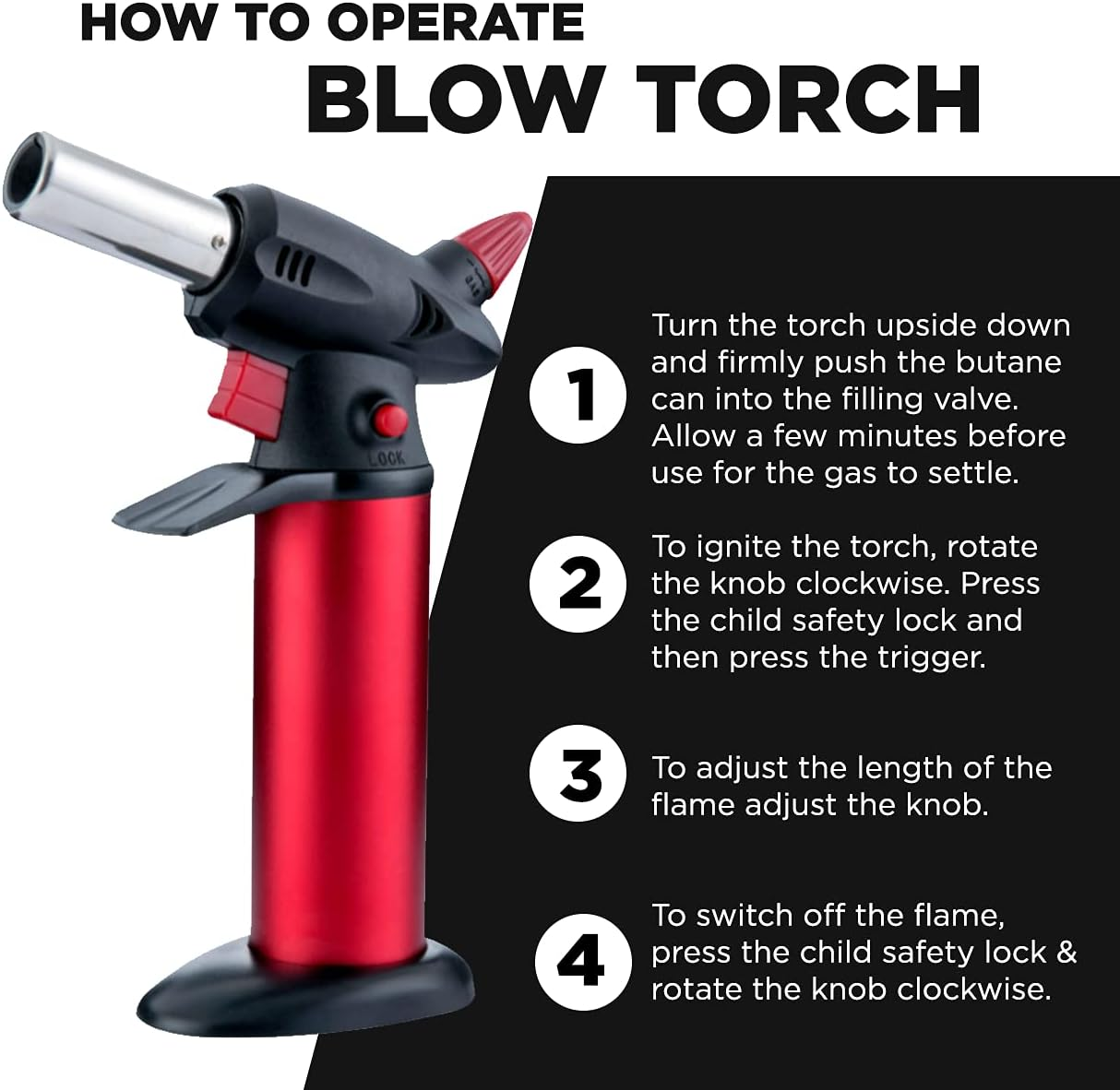 Pro - Professional Butane Blow Torch - High-Temperature Jet Lighter with Adjustable Flame, Piezo Ignition, Refillable, Child Safety Lock, Ideal for Cooking, BBQ, and Home Use