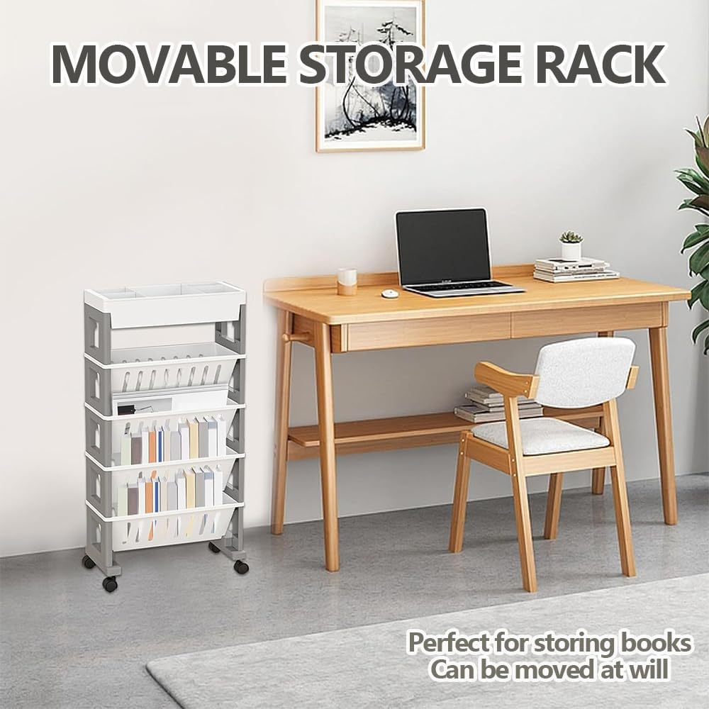 5-Layer Mobile Bookshelf with Wheels, Removable File Folder Organizer Cart, Multifunctional Rolling Practical Storage Cart for Study Room, Classroom, Office, Dormitory School (White Gray) image number 1