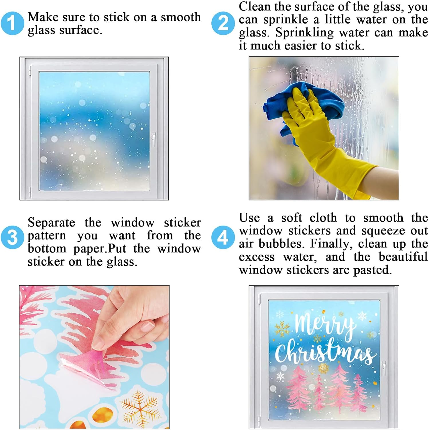 6 Sheets Christmas Window Clings Vintage Xmas Pink-Gold Santa Snowman Window Decals Double-Sided Winter Holiday Glass Decor