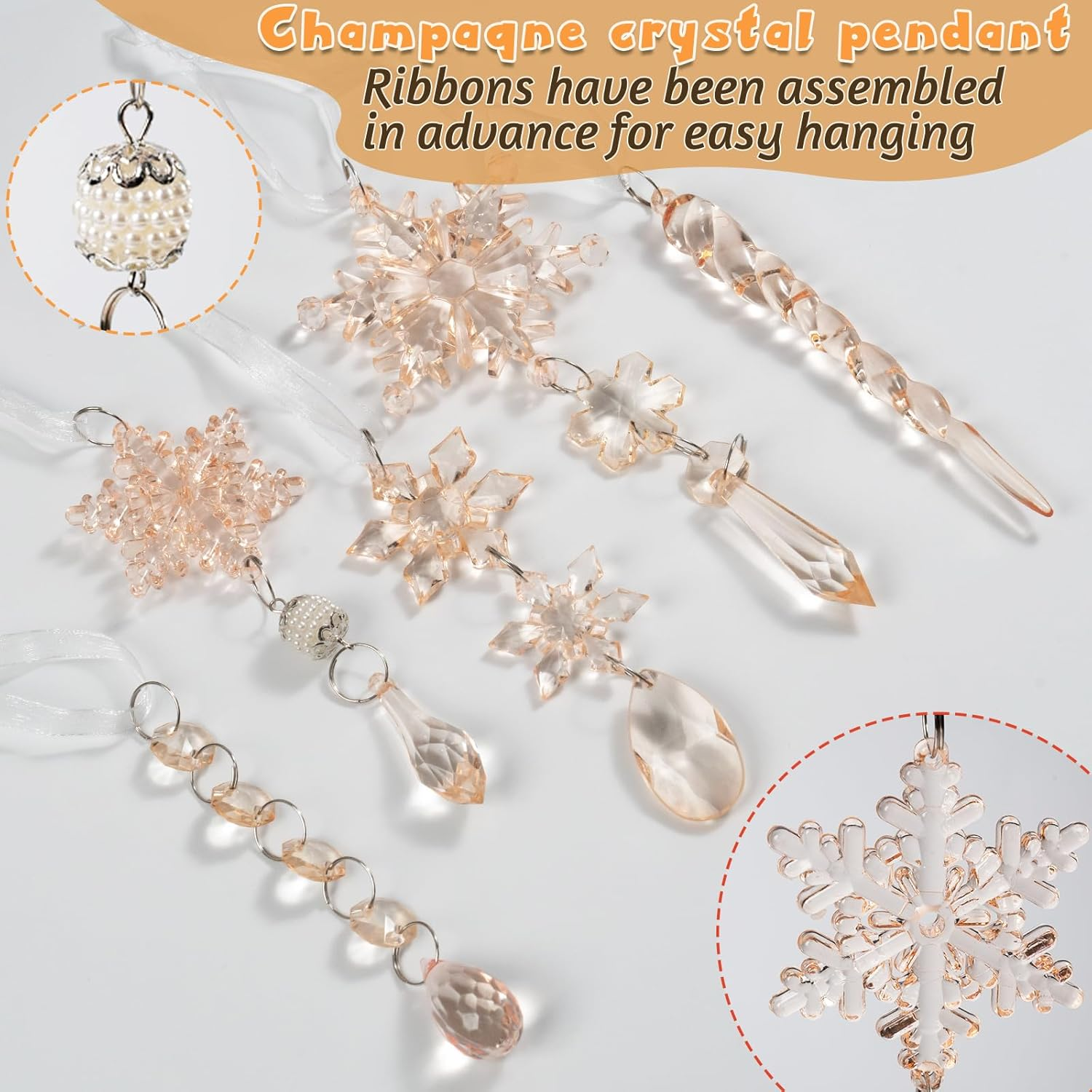 18Pcs Crystal Christmas Ornaments for Christmas Tree Decorations-Champagne Hanging Acrylic Snowflake and Icicle Ornaments with Drop Pendants for New Year Party Decorations Supplies - Blue Acrylic Snowflake Ornament image number 2