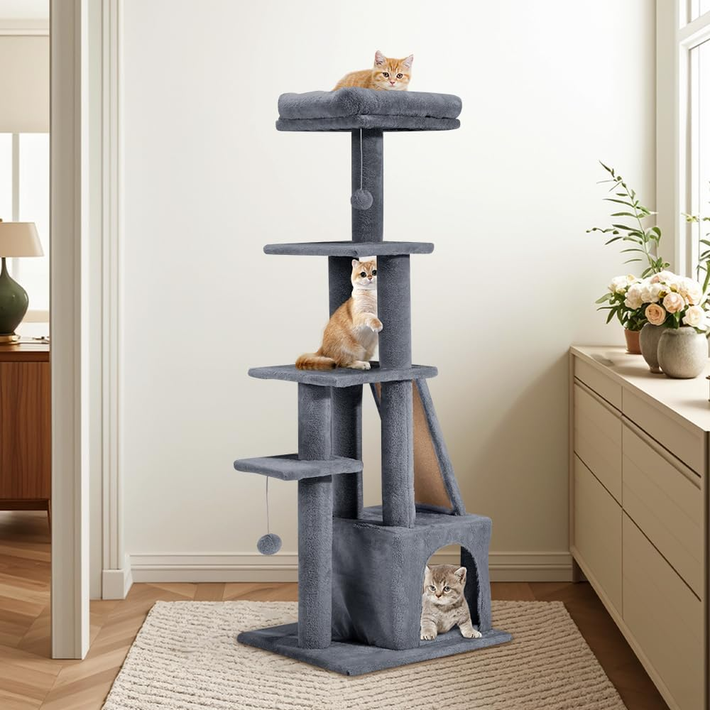 Cat Tower, 125Cm Cat Tree for Indoor Large Cats, Multi-Level Condo with Ladder, Hideaways, Pompoms and Toy, Dark Grey image number 4