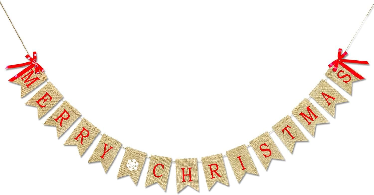 Merry Christmas Burlap Banner, Red with Brown Accents, 9.35FT Straight Christmas Banner image number 3