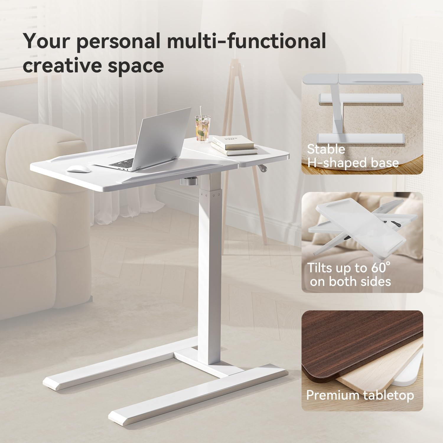 SIHOO D01 Adjustable Tilt Overbed Bedside Table with Wheels Small Spaces Sofa Bedroom Bedside Desk Pneumatic Mobile Standing Laptop Desk Game Desk with Movable Wheels (White)