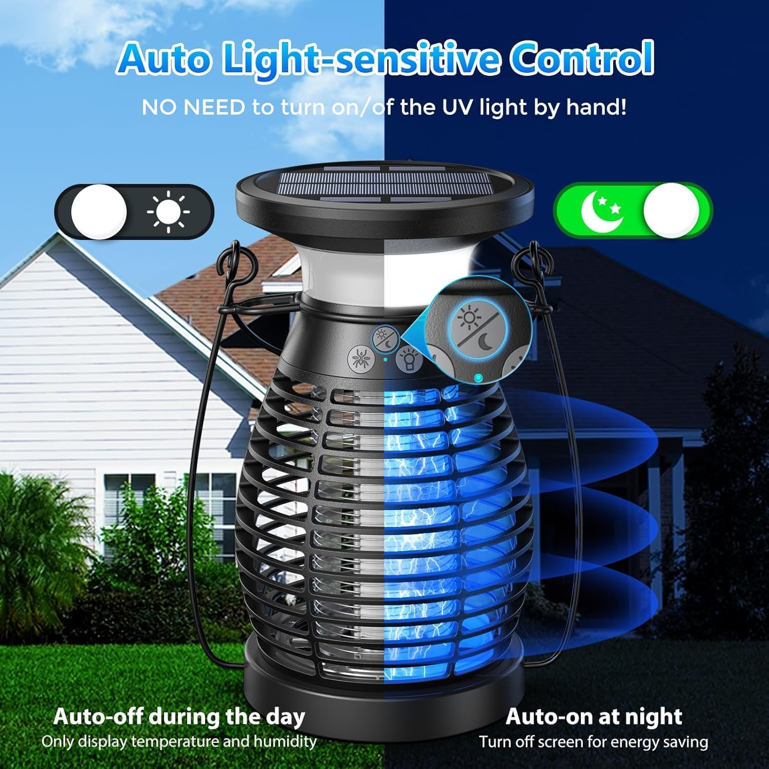 Solar Bug Zapper Outdoor, Electric Bug Zapper, 4000Mah Rechargeable Mosquito Zapper, Cordless Fly Zapper, 4 Modes Waterproof Insect Zapper for Home Garden Patio Backyard Camping Black image number 1