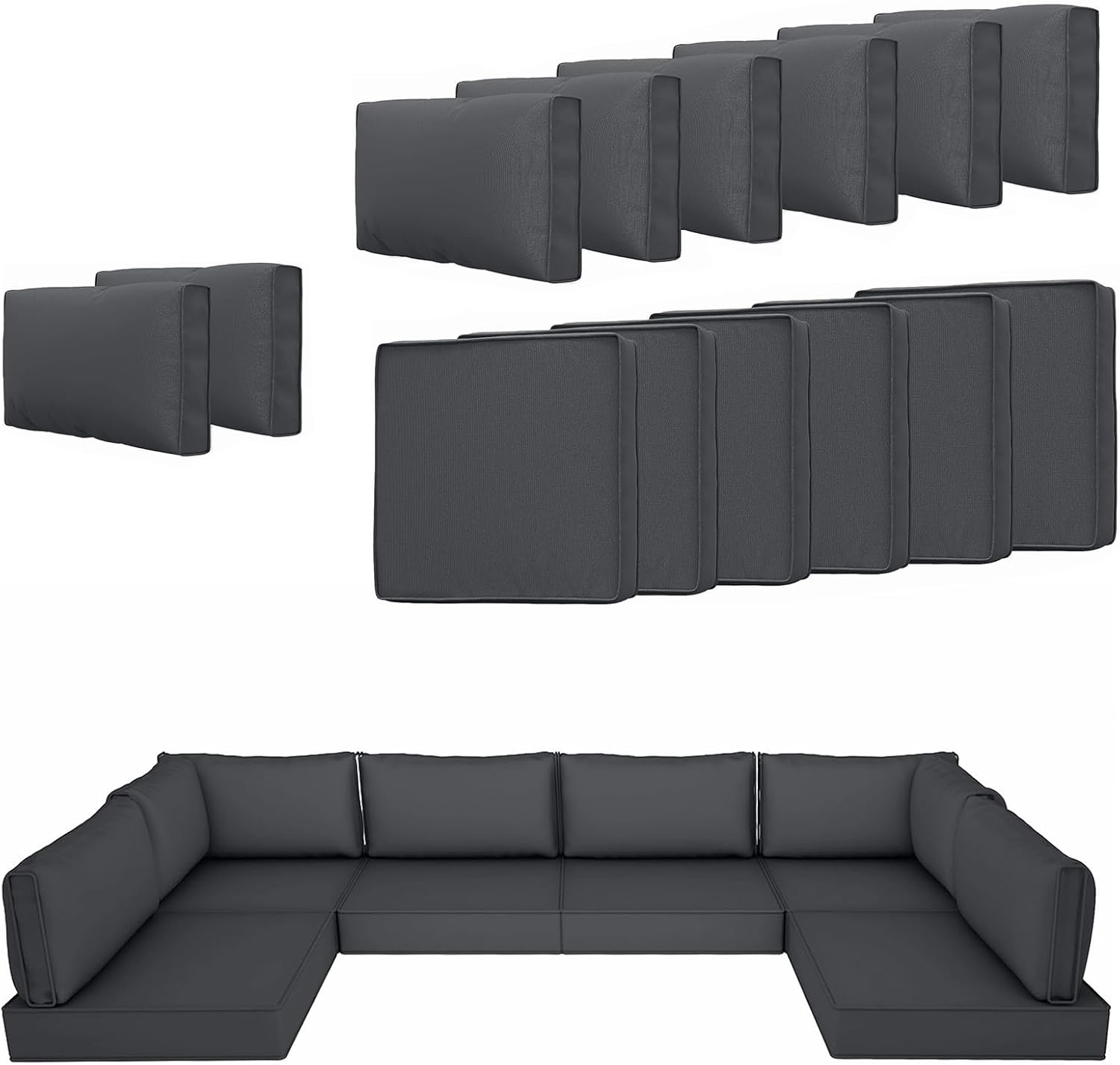 14 Piece Outdoor Patio Cushion Cover Replacement, Waterproof Patio Cushion Covers, Outdoor Furniture Cushion Covers Set for 6 Seat Wicker Rattan Sofa (Deep Grey, 25.6 * 25.6 * 4 Inch) image number 4