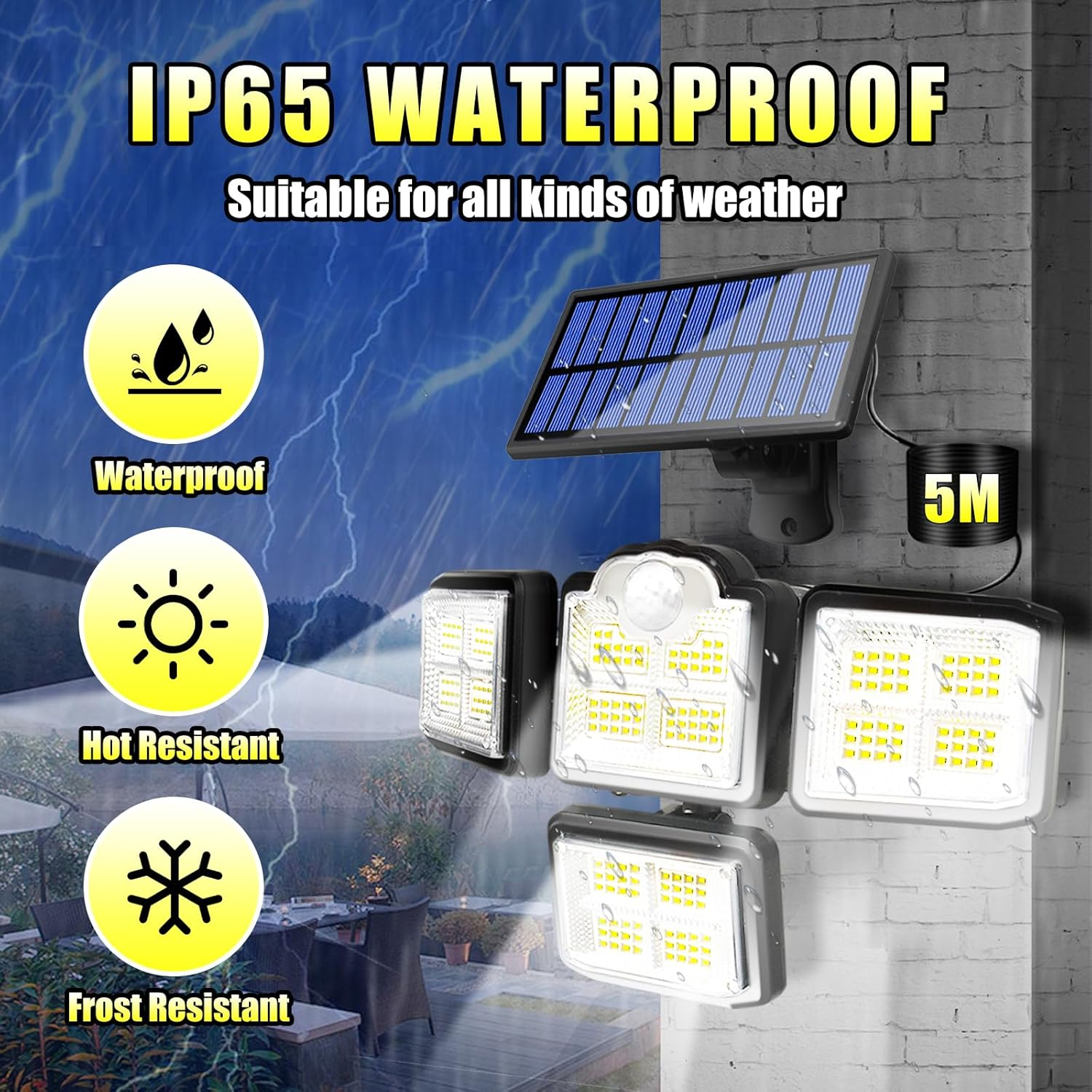 Outdoor Solar Motion Sensor Lights - 2Pcs 288 LED Solar Flood Light 3500LM 7000K with 5M Cord for outside Security Lighting - IP65 Waterproof and Remote Control for Yard, Garage, Garden (2-Pack) image number 2