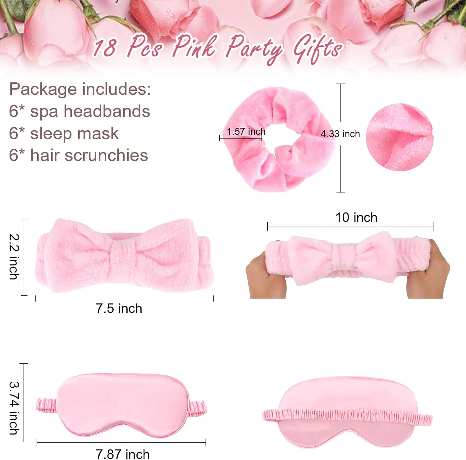 WHAVEL 18 Pcs Sleepover Party Supplies for Girls - Pink Party Favors Include 6 Spa Headband, 6 Silk Eye Mask and 6 Velvet Scrunchies for Spa Birthday, Bachelorette Party, Slumber (Pink) - Pink image number 2