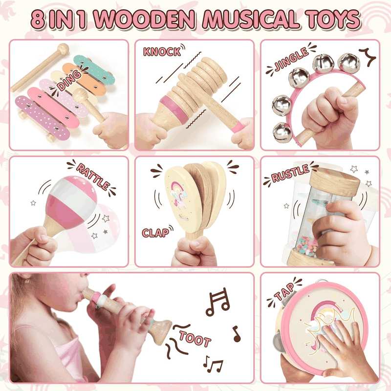 Lehoo Castle Wooden Montessori Musical Instruments Set, Toddler Toys with Xylophone, Tambourine, Drum, Clarinet, Hand Bells, Unicorn Theme