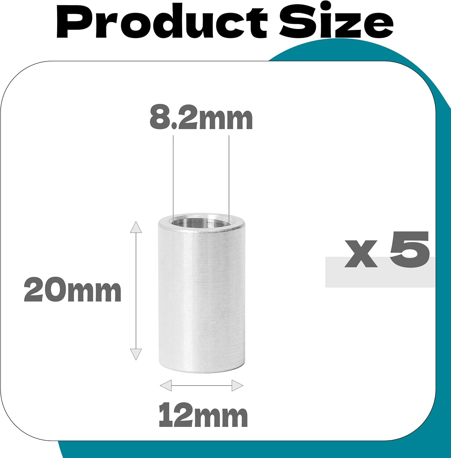 5Pcs M8 Aluminum Spacers, Metal Spacer Aluminum round 8.2Mm ID X 12Mm OD X20Mm L Thickness Screw Standoff for M8 Screw Bolts Silver image number 2