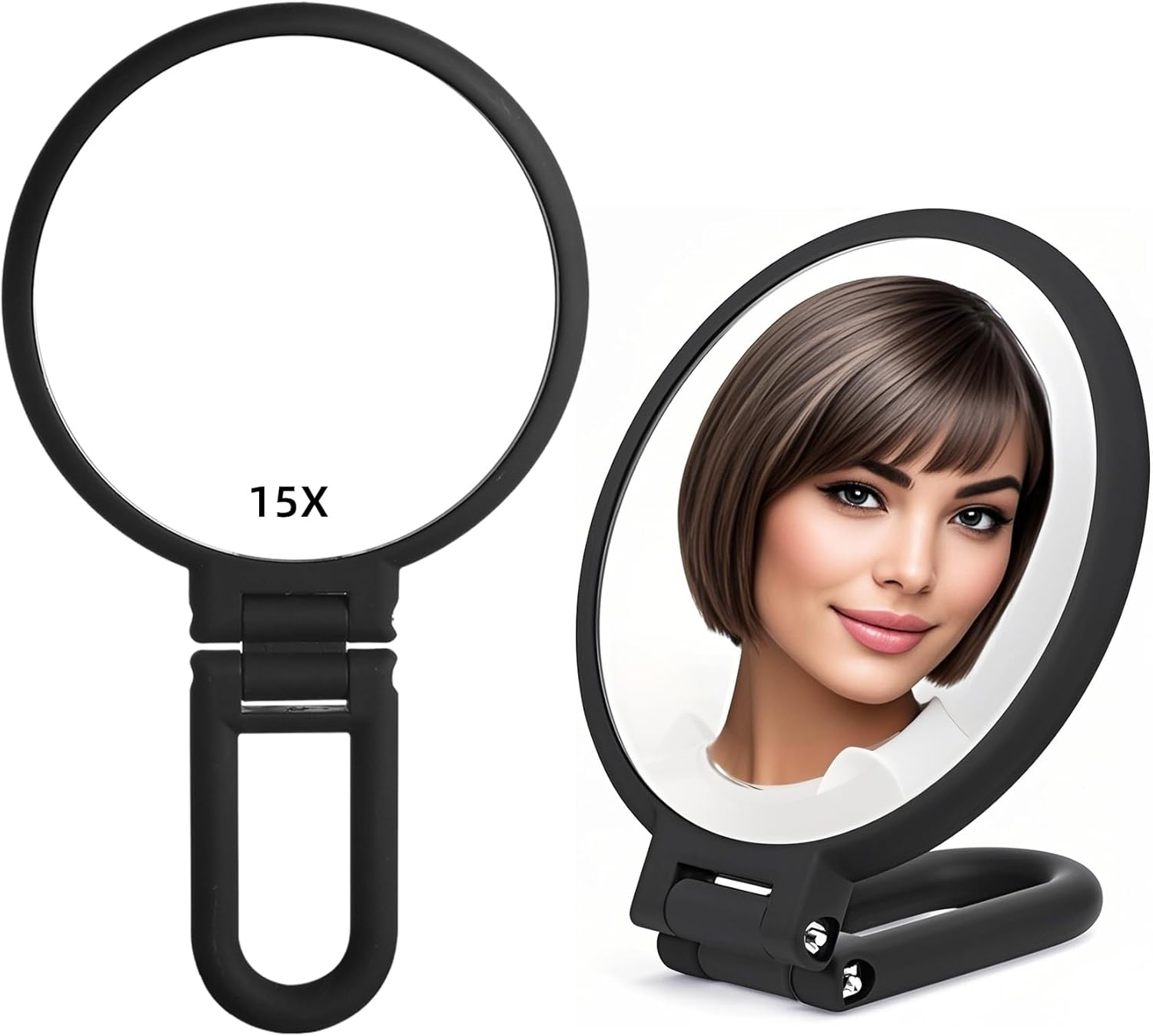 1X 15X Handheld Mirror with Handle for Travel， Magnifying Mirror, Rotation Adjustable Handle, Double Sided Folding, Mirror for Women for Eyes Makeup Travel Table Desk Shaving
