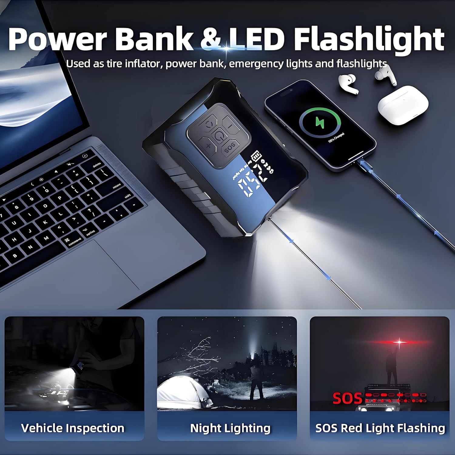 Portable Cordless Tyre Inflator,Air Compressor 150 PSI with Digital Pressure Gauge, Rechargeable Battery, and LED Light for Cars, Bikes, and Balls image number 6