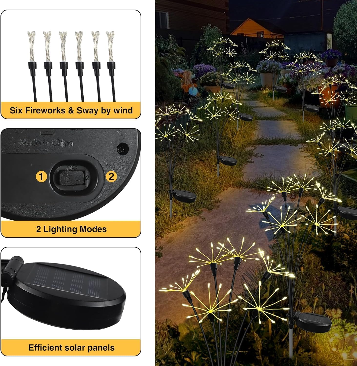 Solar Garden Lights with Flashing and Steady Lighting 2 Modes, 120 LED Wick Garden Lights for Outdoor Yards, Paths, Patio and Holiday Decorations, Warm White (2 Pack) image number 3