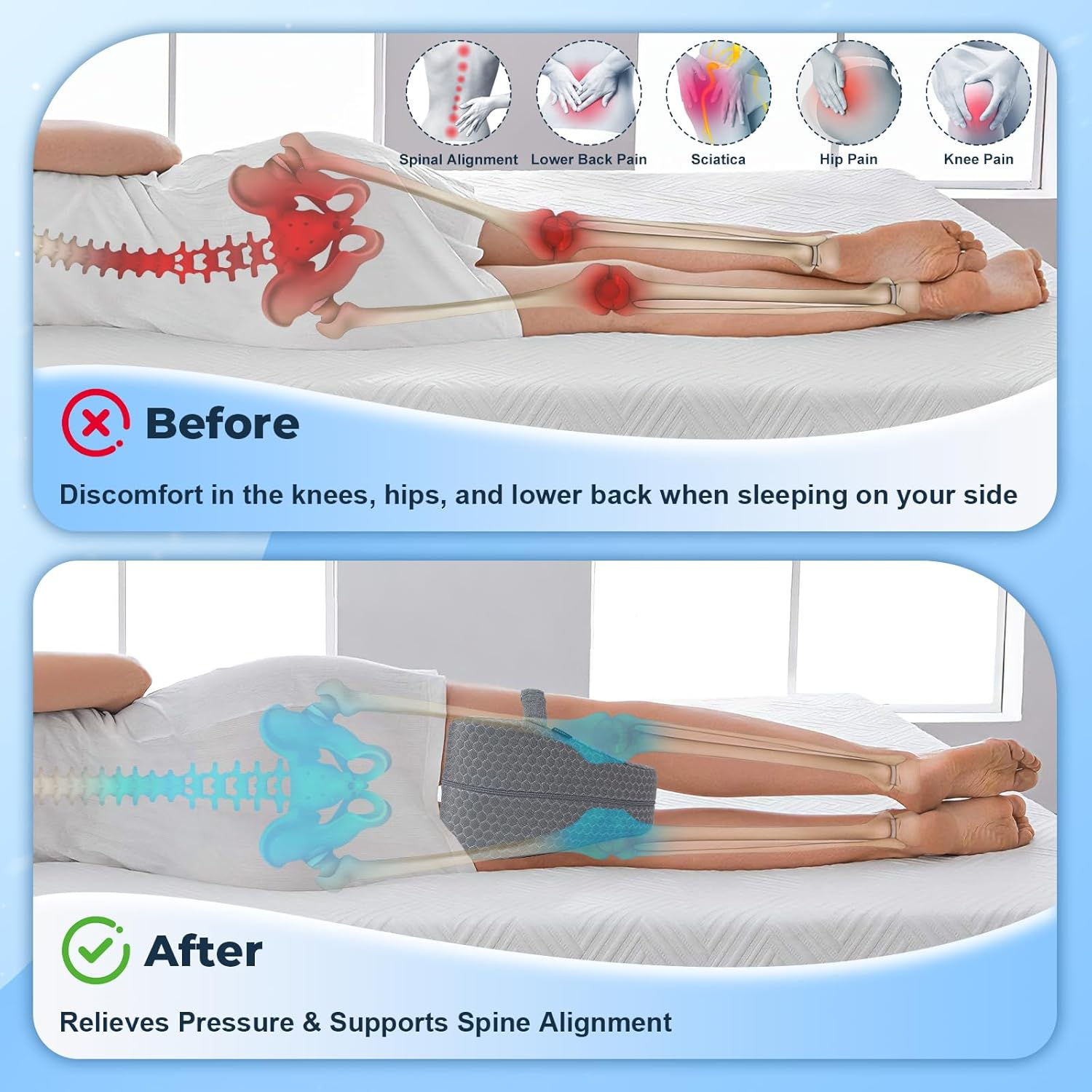 Knee Pillow, Soft Memory Foam Leg Pillows, Cool Ice Silk Hip Support Pillow for Side Sleeper, Body Pillow for Spine Alignment, Sciatica Relief, Post Injury Recovery - with Adjustable Strap (Grey) - White image number 4