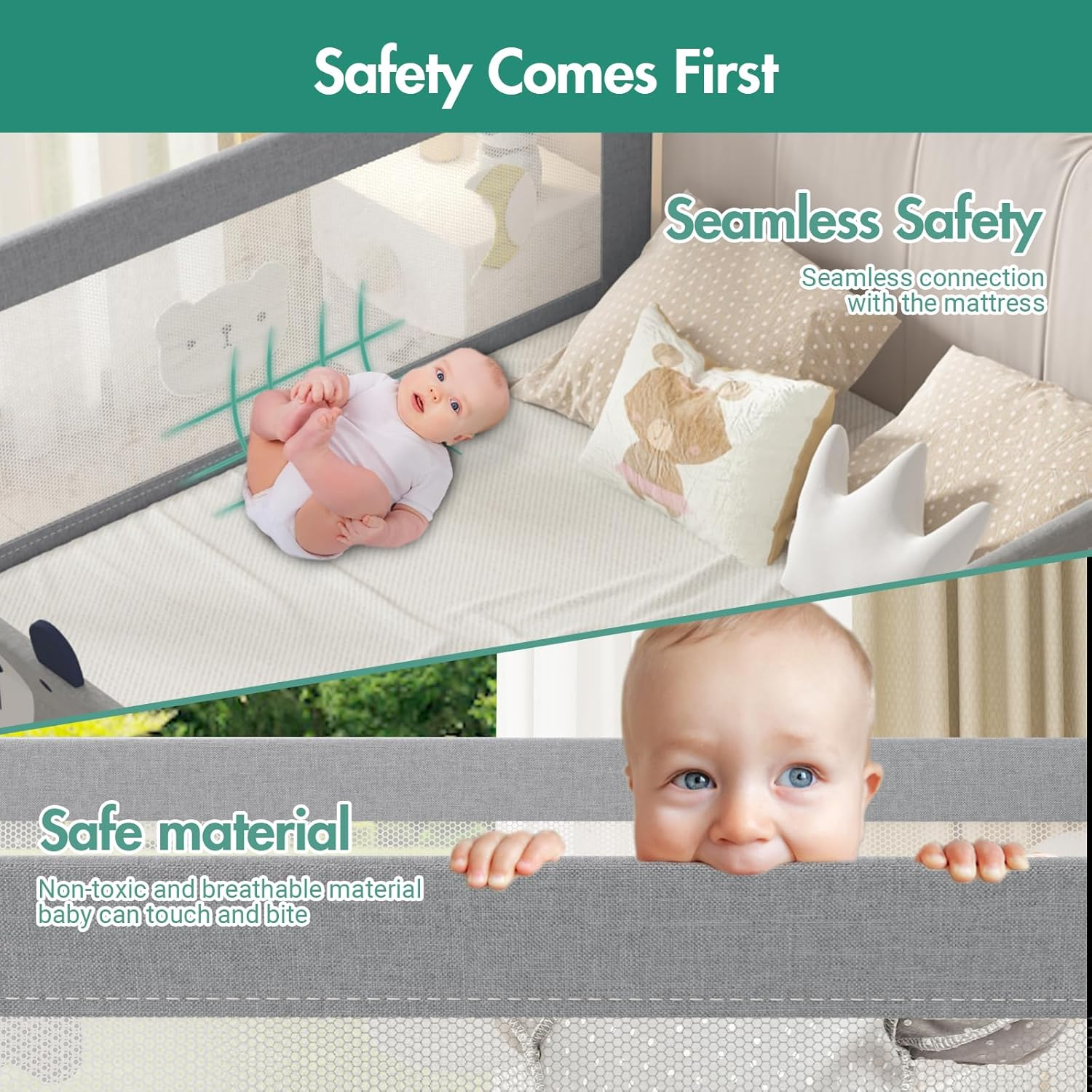 3Pcs Toddler Bed Rail, Cot Fence Barrier Adjustable Height Double Lock Foldable, Bedside Safety Protection Facilities, 179.5X198Cm Grey image number 2