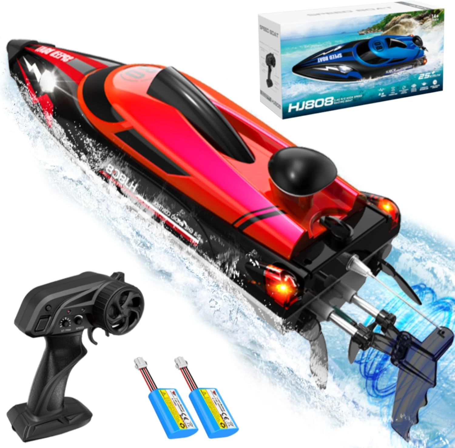 OSWIN RC Boat - HJ808 with 2 Rechargeable Battery, 20+ MPH Fast Remote Control Boat for Pool & Lake, RC Speed Boat 2.4Ghz Race Boats for Adults & Kid, Outdoor Water Toys(Red) image number 3