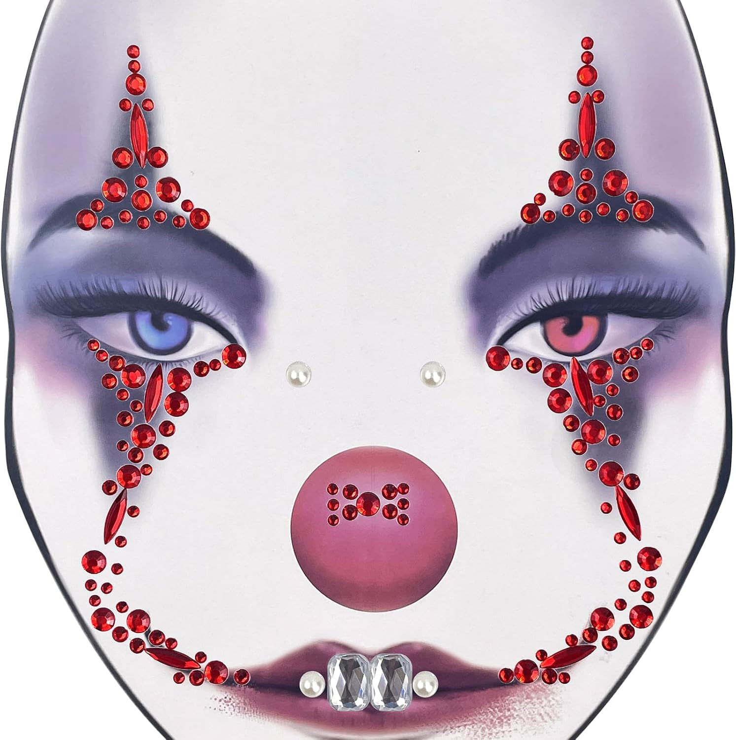 2 Pack Halloween Face Gems Jewels Clown Face Sticker Nun Makeup Tattoo Scary Temporary Rhinestone Face Tattoo for Halloween Festival Rave Party Make up Accessories image number 1