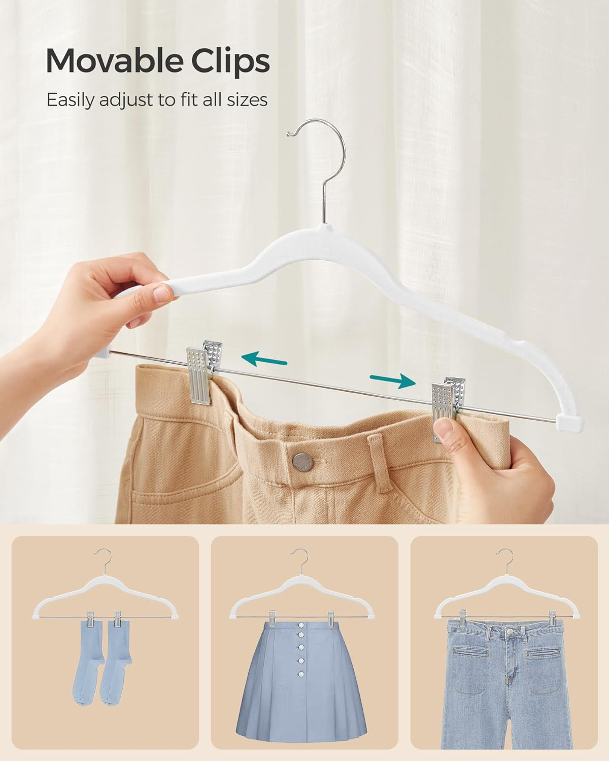 SONGMICS 50-Pack Pants Hangers, 16.7-Inch Long Velvet Hangers with Adjustable Clips, Heavy-Duty, Non-Slip Skirt Hangers, Space-Saving for Pants, Skirts, Coats, Dresses, White UCRF012W50 image number 6