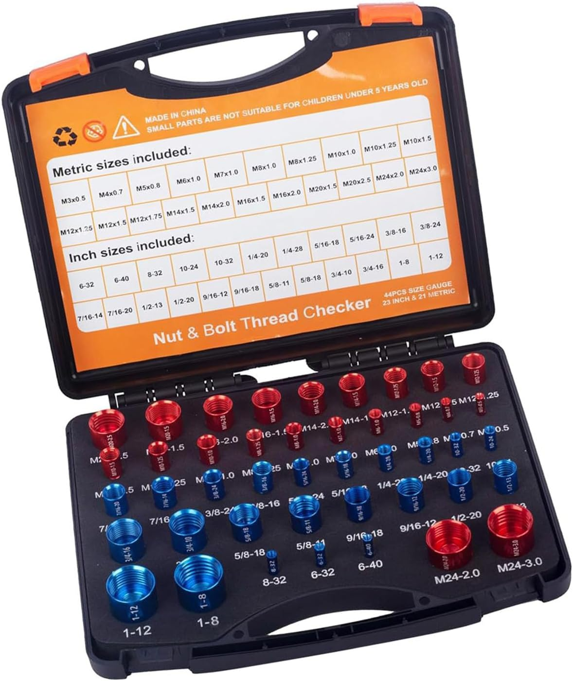44Pcs Nut and Bolt Thread Checker, Carbon Steel Identifier Thread Gauges Set with Storage Box, Standard SAE and Metric Sizes Individually Assembled Thread for Maintenance image number 4