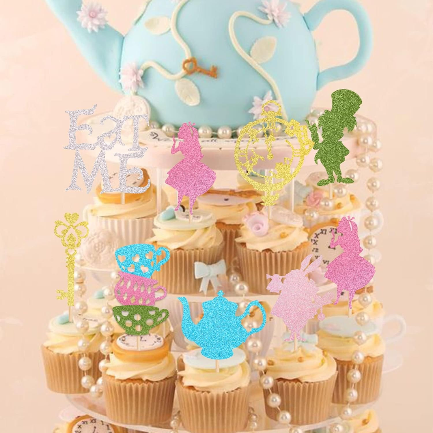24 Pack Alice in Wonderland Cupcake Toppers Glitter Bowl Key Clock Fairy Eat Me Cupcake Picks Tea Party Cake Decorations for Baby Shower Kids Boys Girls Birthday Party Decoration Supplies image number 3