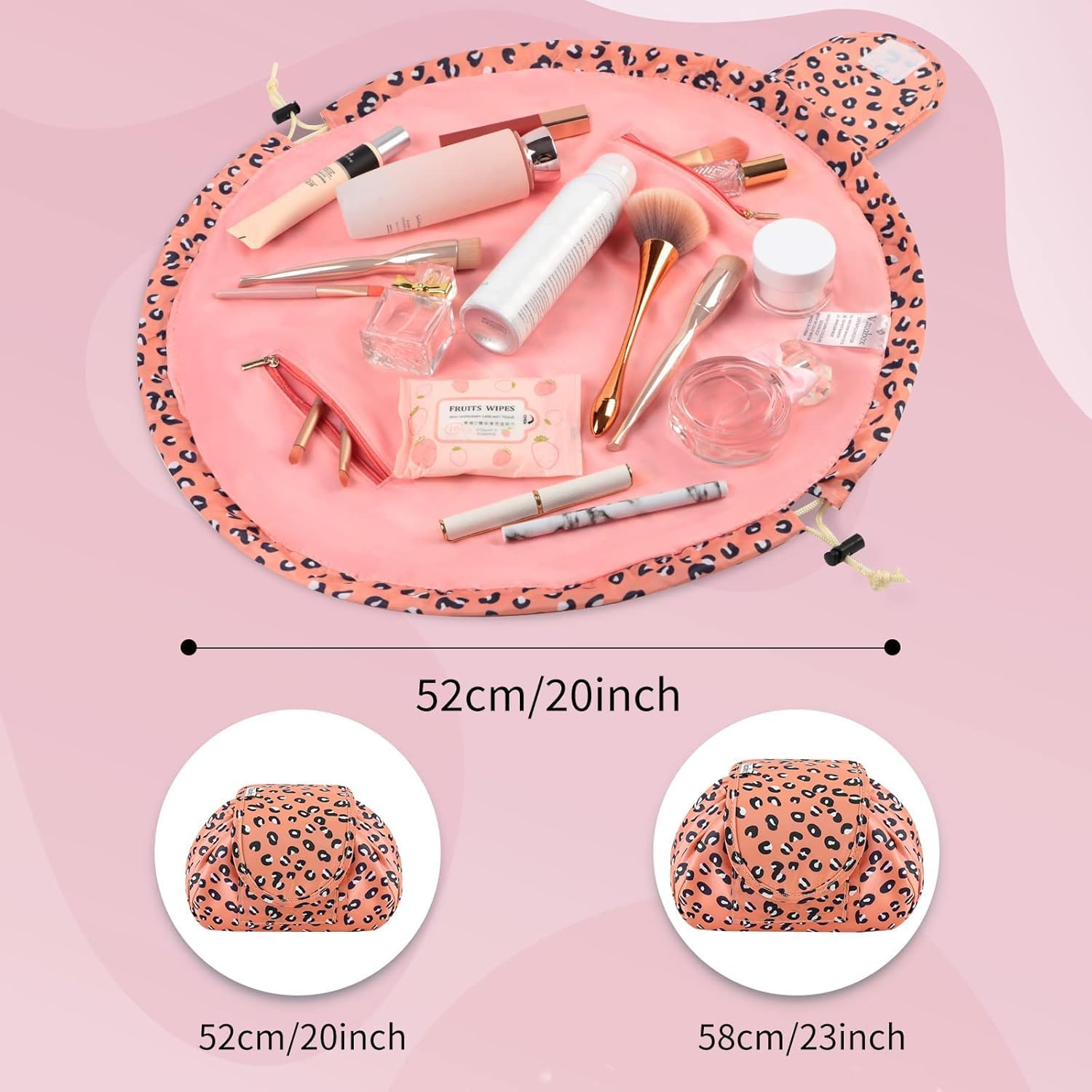 Lazy Drawstring Makeup Bags, Large Capacity Waterproof Travel Portable Cosmetic Bag Pouch Makeup Pouch Storage Organiser for Women Girl, Pink Leopard, 57 Cm, Drawstring Makeup Bag image number 7