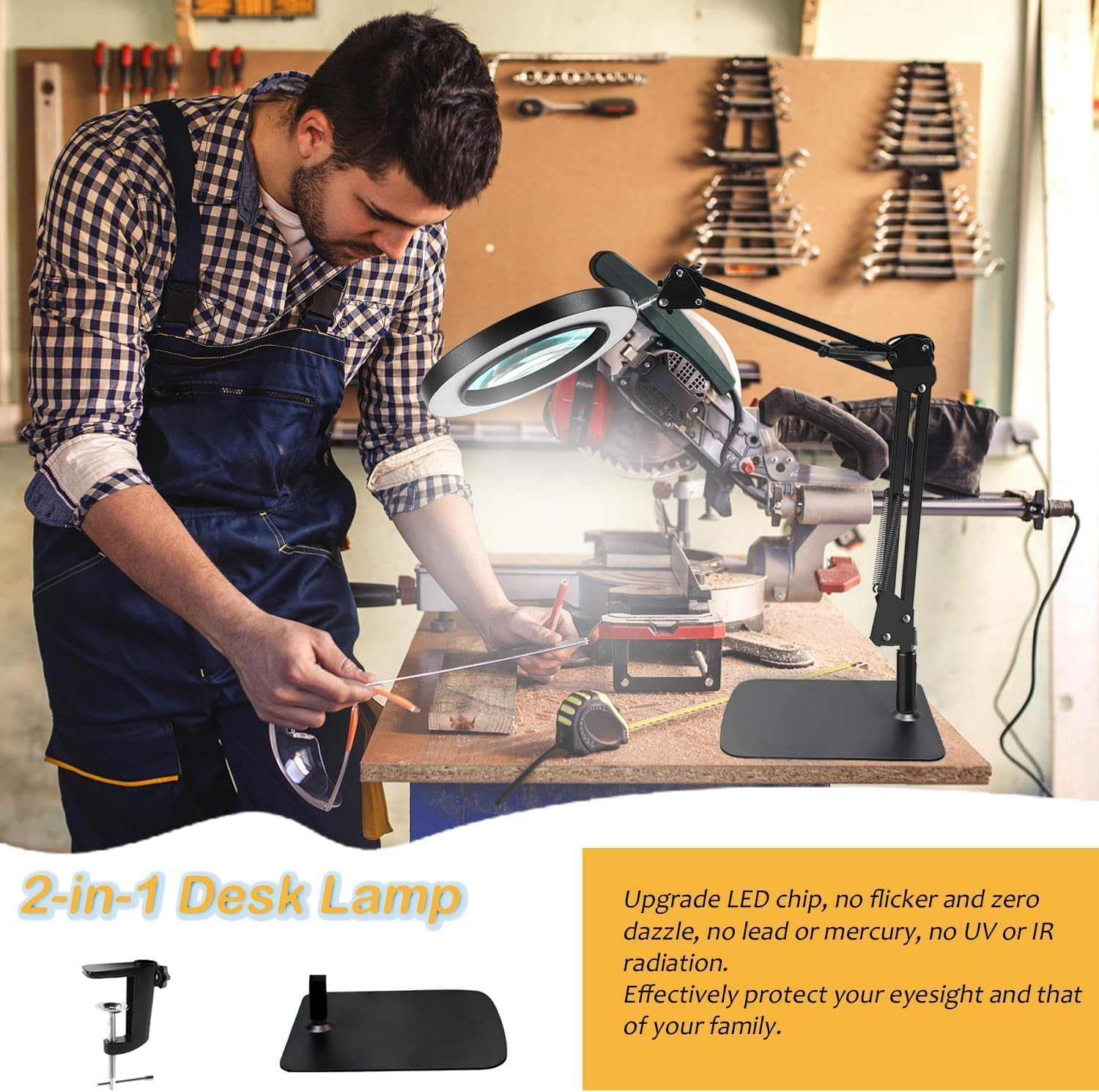 10X Magnifying Glass with Light and Stand, Magnifying Led Desk Lamp, Adjustable Color and Brightness Reading Light Ring Light for Repair, Crafts, Soldering (Black, Rectangle Base & Clamp) image number 3