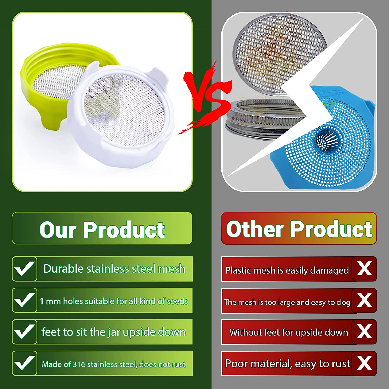 Sprouting Lids, Plastic Sprout Lid with Stainless Steel Screen for Wide Mouth Mason Jars, Germination Kit Sprouter Sprout Maker with Stand Water Tray Grow Bean Sprouts, Broccoli Seeds, Alfalfa, Salad image number 2