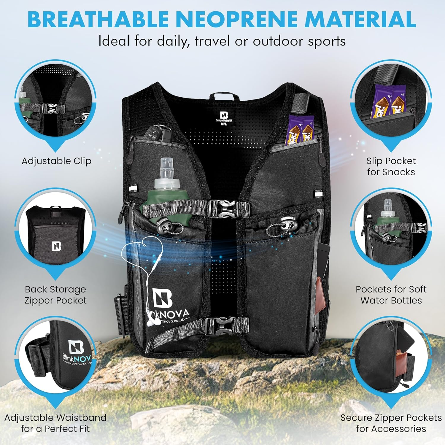 Running Vest for Women & Men | Lightweight Reflective Hydration Vest with Adjustable Waistband & Collapsible Water Bottle | Hydration Pack (Front Buckle Design ) image number 2