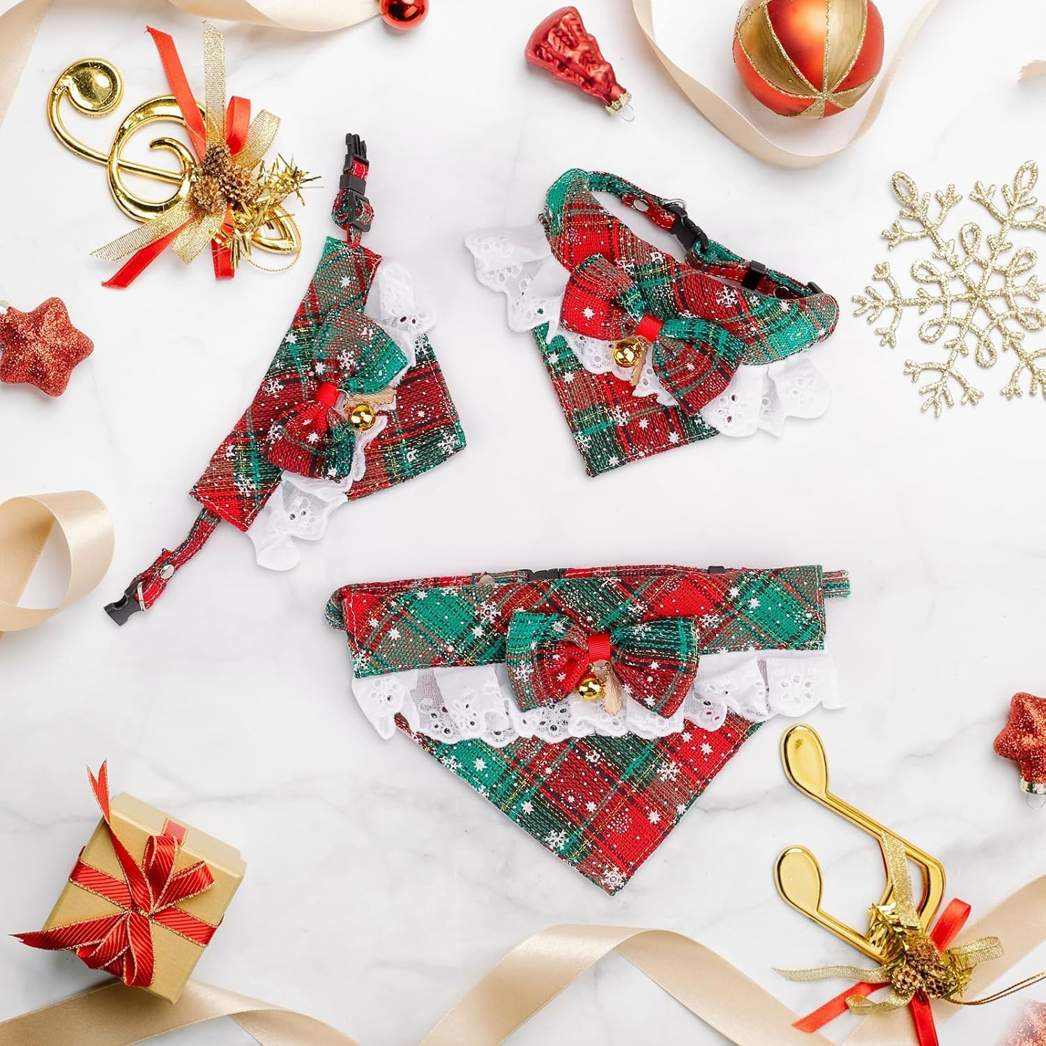 Adjustable Christmas Dog Cat Bandana Collar, Cotton Red Green Plaid Dog Cat Scarf Triangle Bibs Kerchief with Bow Tie Bell for Small Medium and Large Cats Dogs (Cw2073Lv, S) image number 3