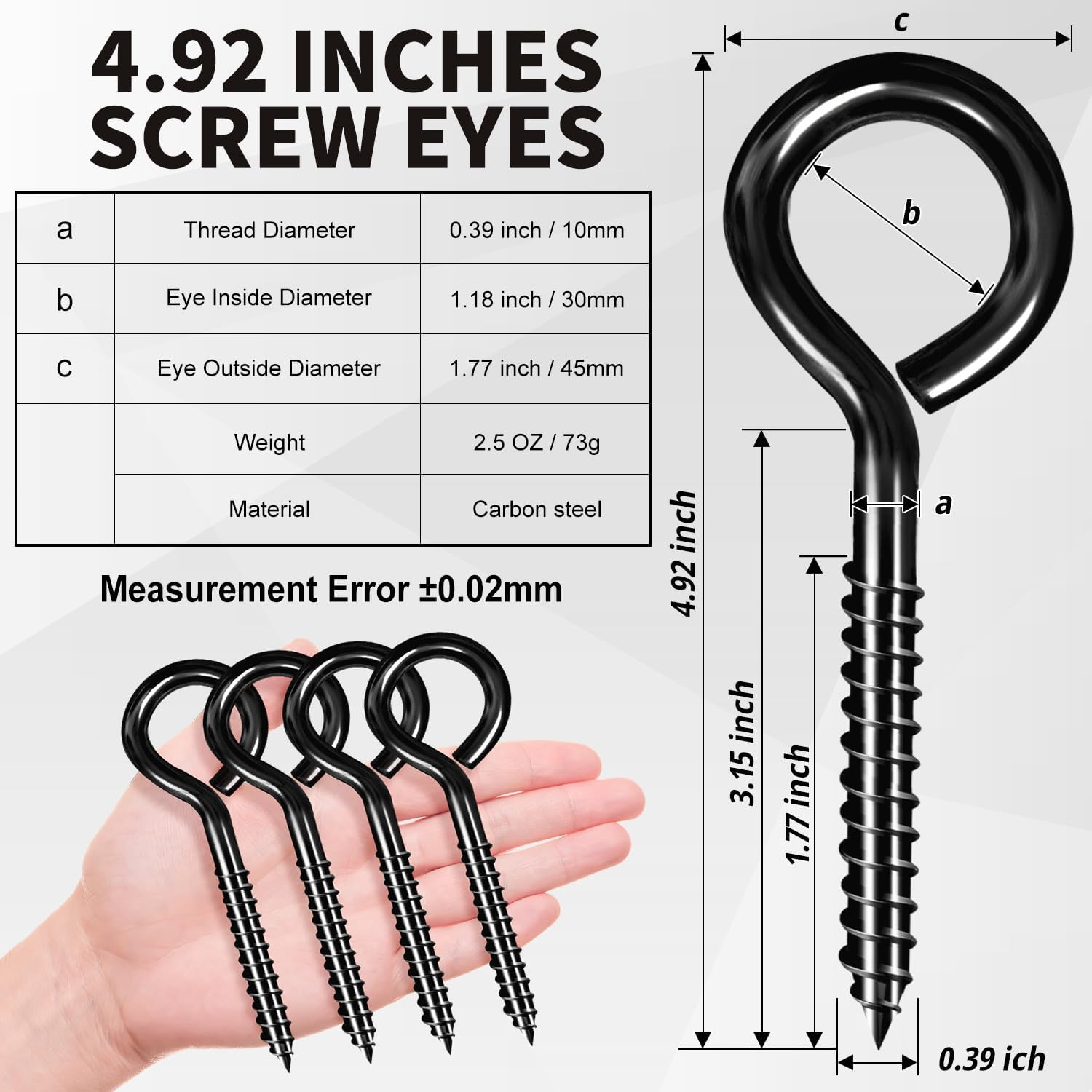 ZAUGONTW 5 Inch Screw Eye Hooks, Stainless Steel, 10 Pcs Heavy Duty Black Large Screw Eye Hooks for Hanging, Tie-Downs, Heavy-Duty Applications