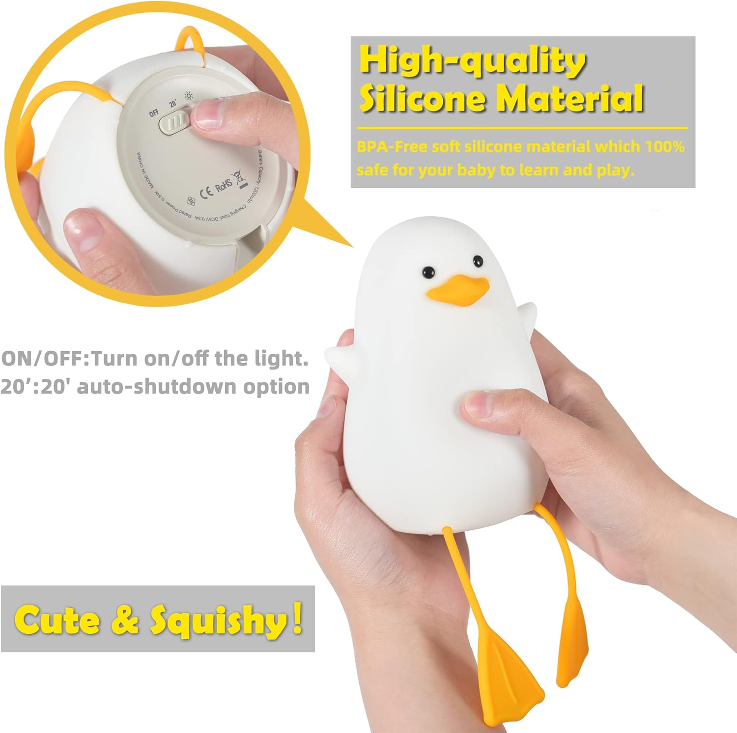 Lampeez Duck Night Light, Cute Silicone Seagull Lamp for Kids, Soft Silicone Kids Nursery Nightlight USB Rechargeable LED Touch Lamp Baby Bedroom Decor as Xmas Holiday Birthday Gifts for Boys Girls image number 3