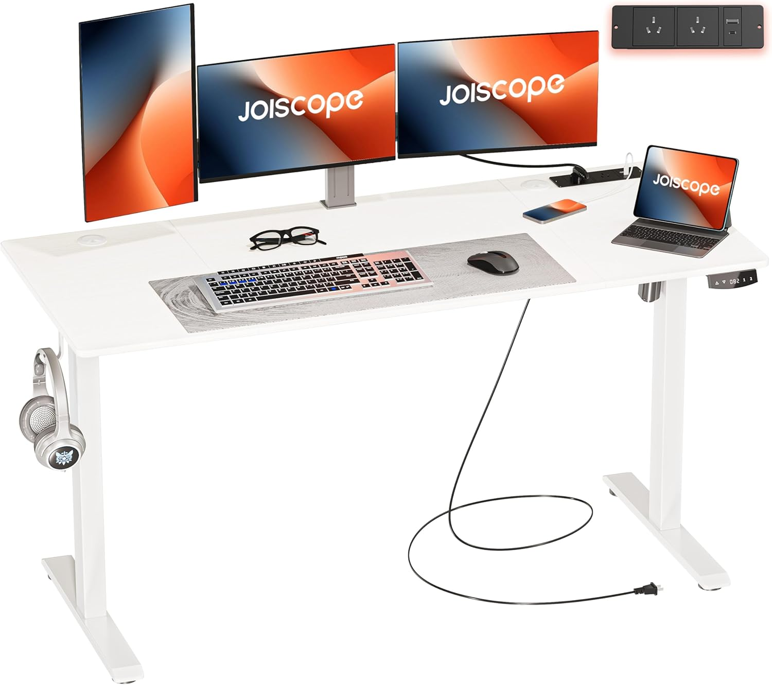 JOISCOPE Height Adjustable Electric Standing Desk with Power Outlet, 55-Inch Computer Desk for Home and Office, White image number 1