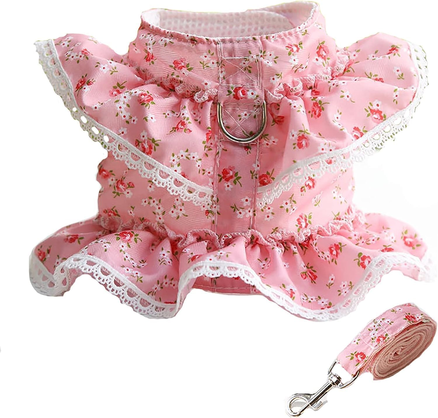 Dog Dress Harness Vest with Leash Set, Pink Flower Puppy Harness, Cute Doggy Lace Princess Clothes, Soft Breathable Mesh, Outdoor Walking Harness for Small Medium Dogs Cats (Pink, M) image number 1