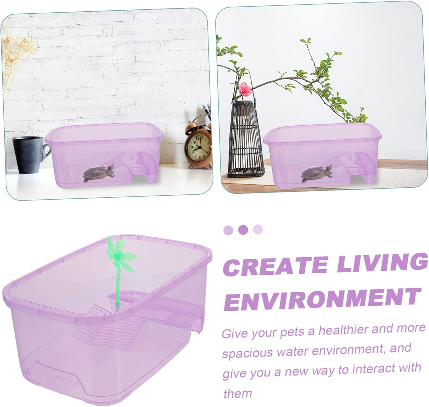Hohopeti Plastic Turtle Tank Reptile Habitat Box Basking Platform, Small Purple Plastic Pet Breeding Terrarium for Home Turtle Feeding and Reptile Supplies image number 5