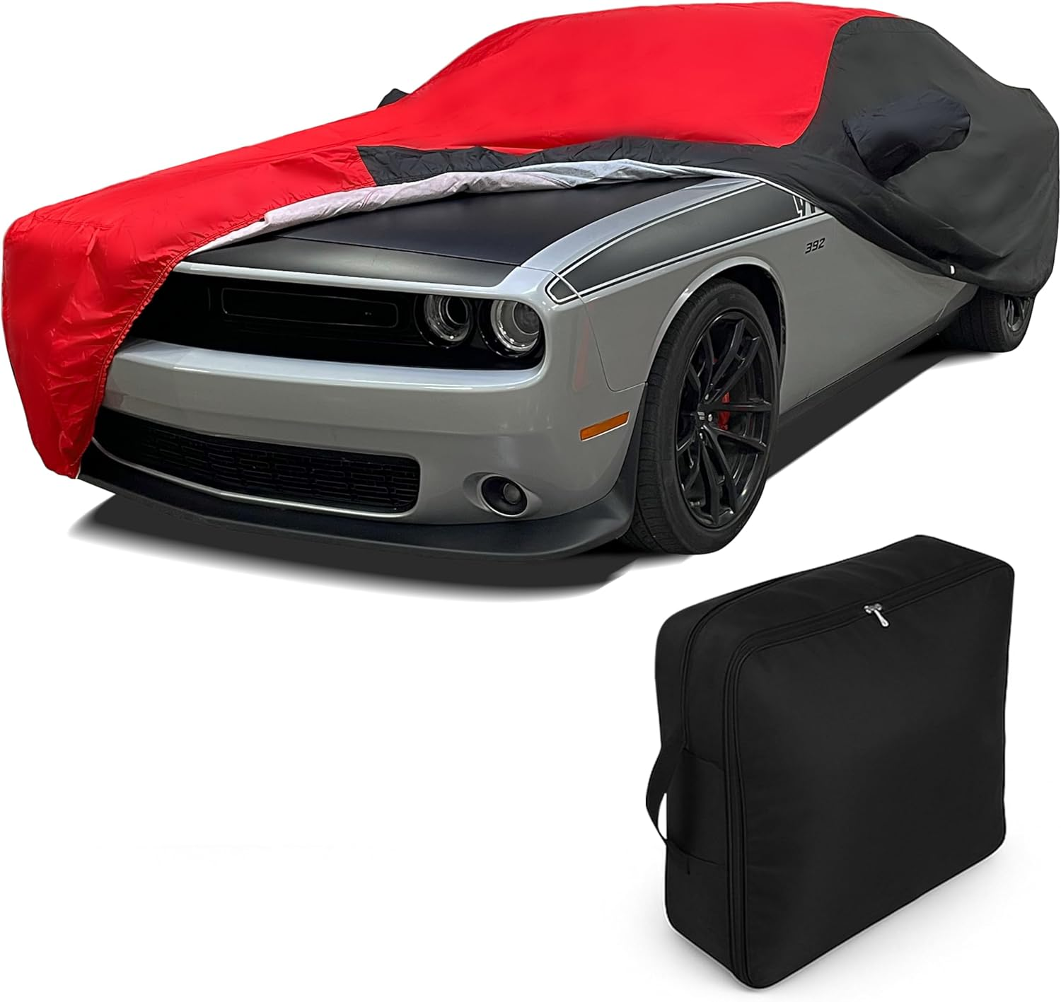 2008-2023 Dodge Challenger Indoor/Outdoor Car Cover - Ultraguard plus 300 Denier UV Protection Water Resistant - Custom Fit for All SXT, GT, R/T, Scat Pack, Hellcat Redeye & Widebody (Red/Black)