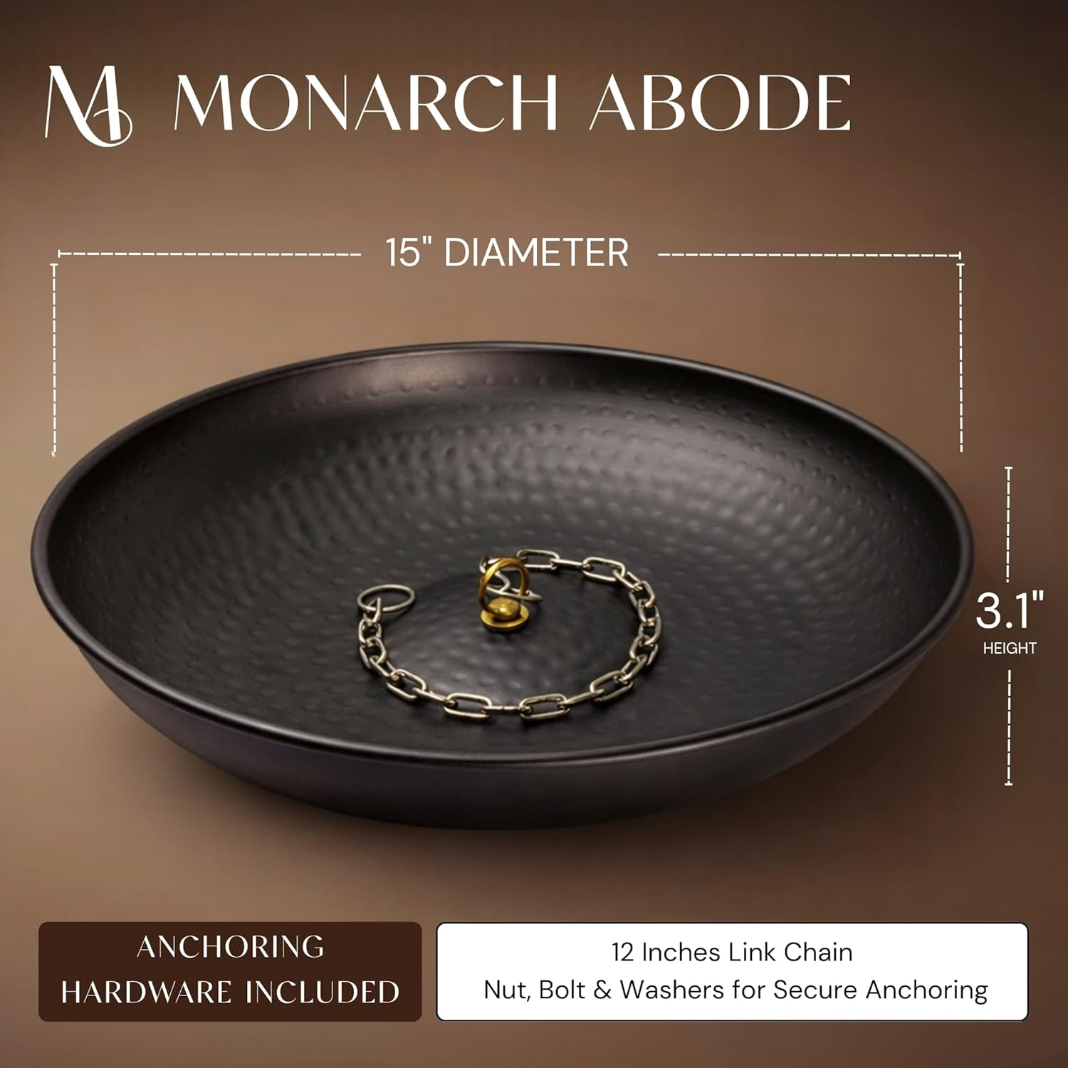 Monarch Rain Chains 15 Inch Basin Hand Hammered Rain Chain Anchoring Basin Downspout Gutters for Outdoor Garden, Lawn and Patio Water Feature, 15 Inch Diameter, Matte Black image number 5
