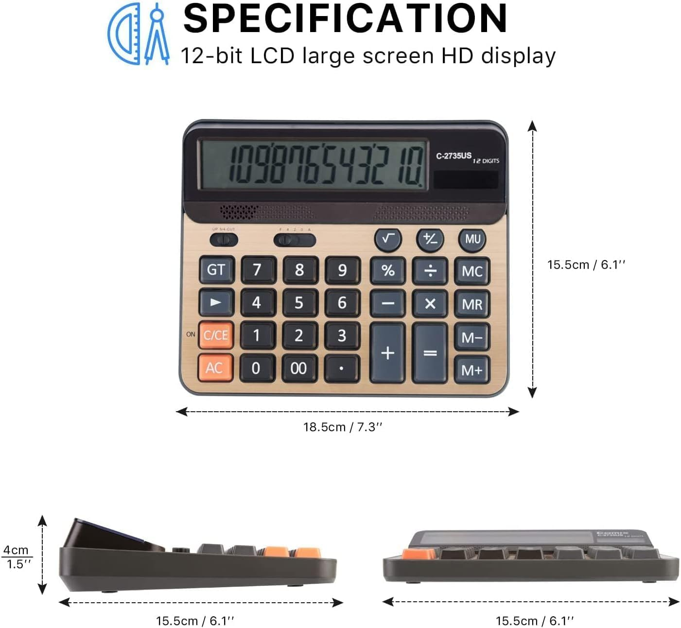Desktop Calculator Solar Battery Dual Power with 12-Digit Large LCD Display and Large Computer Keys Standard Function Calculator for Home Office School image number 6