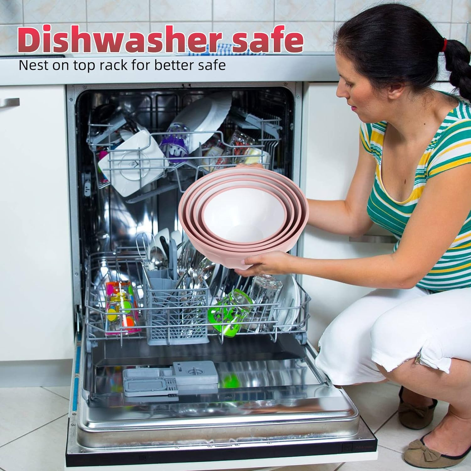 Mixing Bowls with Lids Set,4 Piece Large Plastic Nesting Mixing Bowls,Includes 4 Microwave Safe Mixing Bowl and an Egg Whisk for Kitchen Prepping,Baking,Cooking Food, Pink image number 1