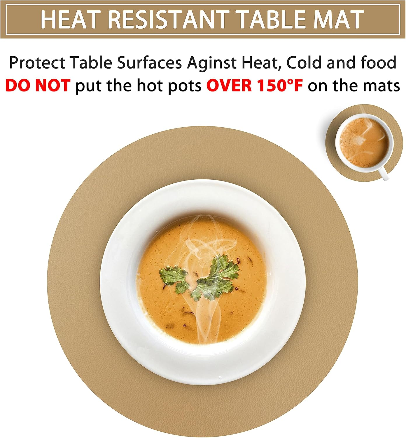 Wipeable Placemats and Coasters Leather Table Mats Waterproof Heat-Resistant Easy to Clean for Dining Table Set Kitchen Table Set of 6, Buff image number 7