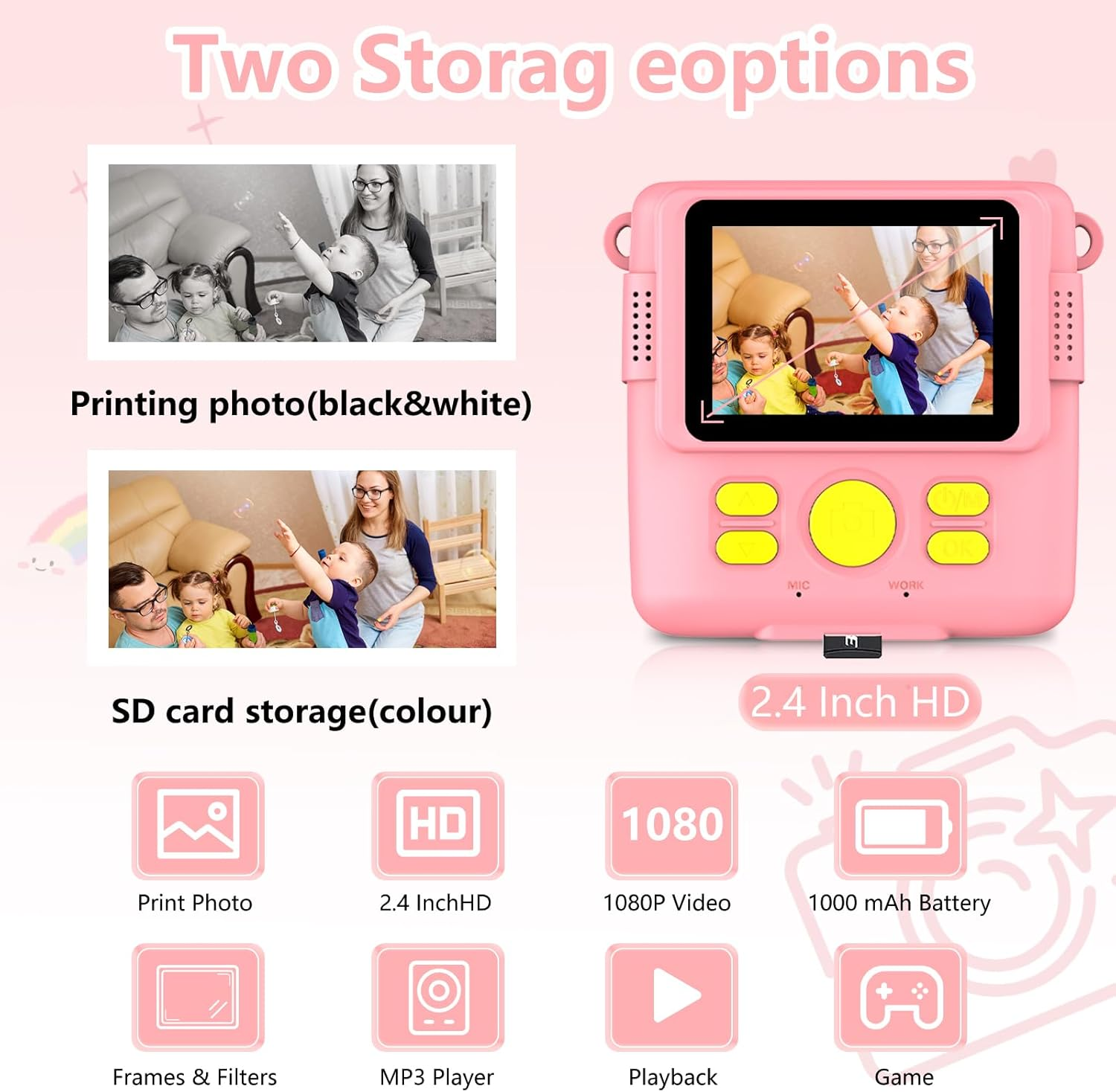 Instant Print Camera for Kids,Christmas Birthday Gifts for Age 3-12 Girls Boys，1080P HD Digital Video Cameras for Toddler,Kids Portable Toy with 3 Rolls Photo Paper，32Gb Card-Pink image number 3
